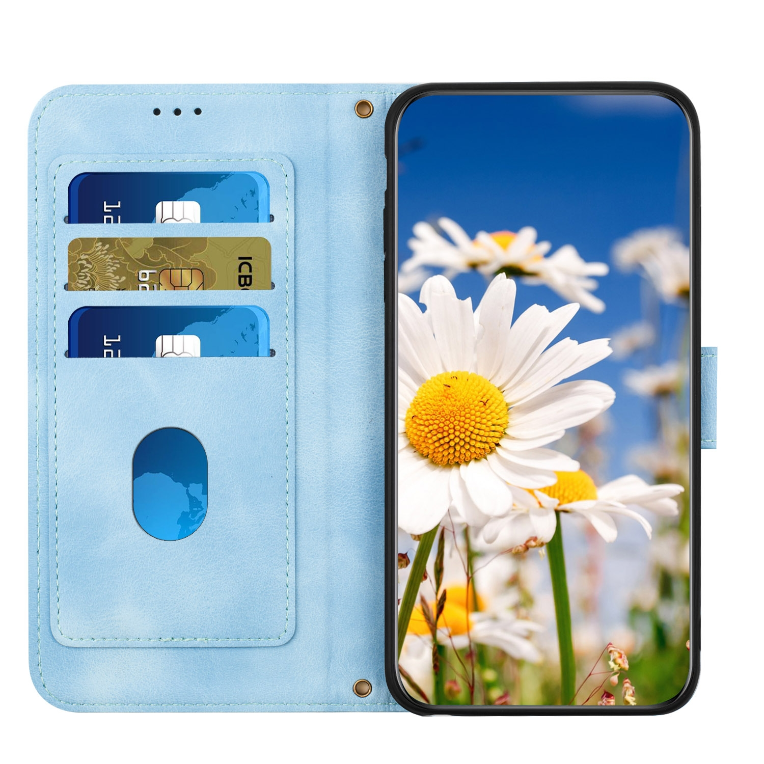 Hellblaue Handyhülle geöffnet, mit Kartenfächern und Telefon mit Blumen.