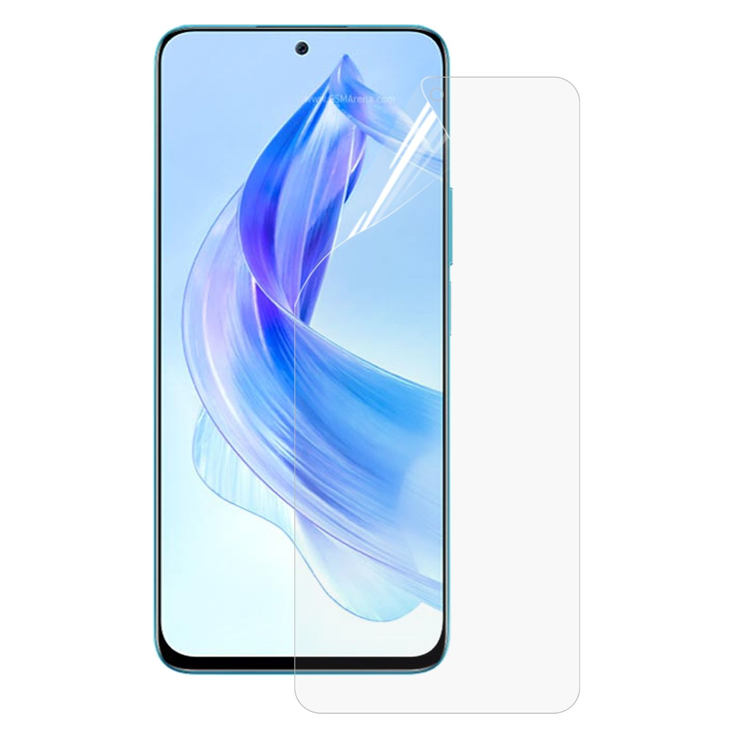 Telefono con protezione schermo in applicazione. Telefono blu e protezione trasparente.