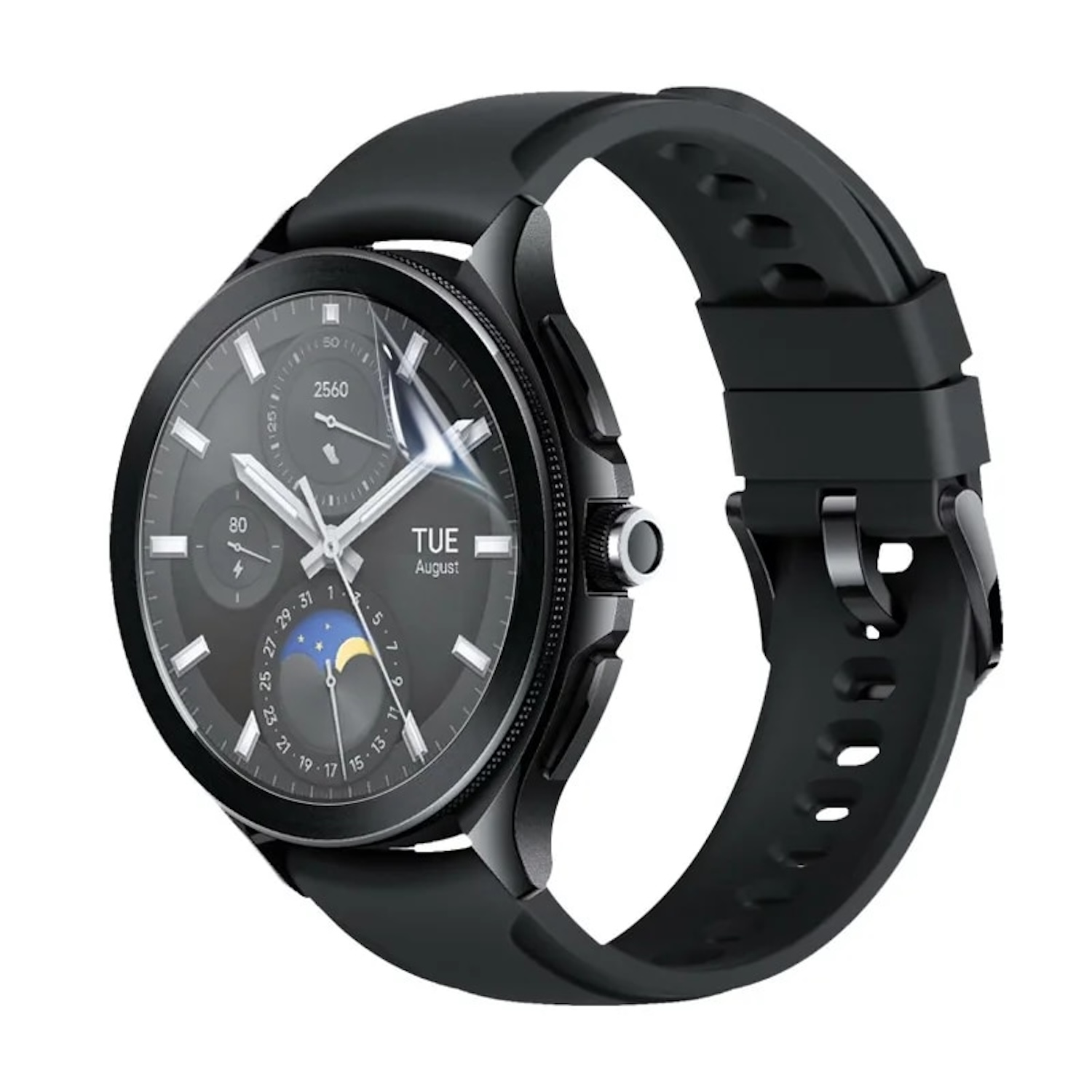 Uno smartwatch nero con cinturino nero e protezione schermo. Lo schermo mostra ora e dati.