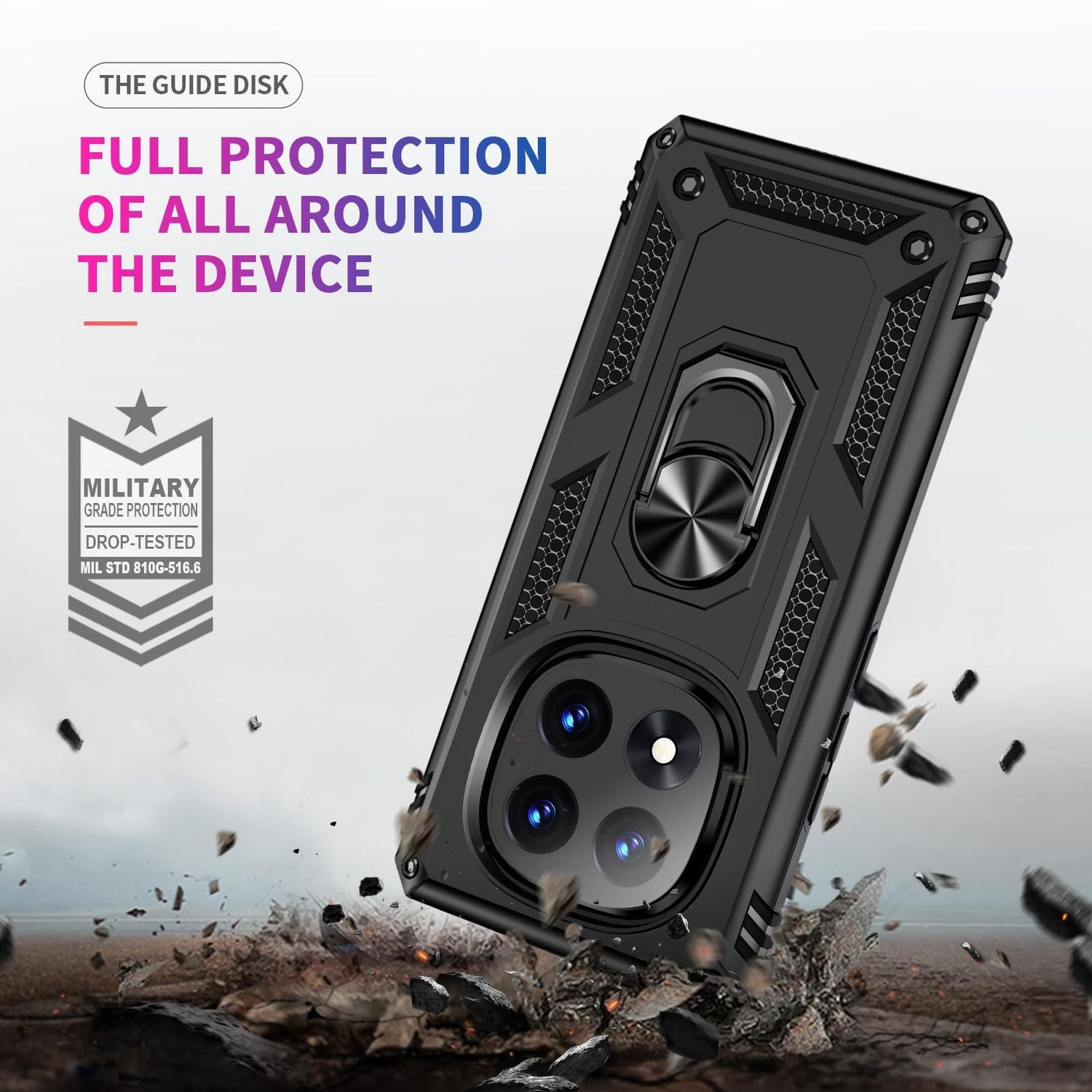 Una funda de teléfono con soporte de anillo, suelo destrozado. Texto: protección total del dispositivo.