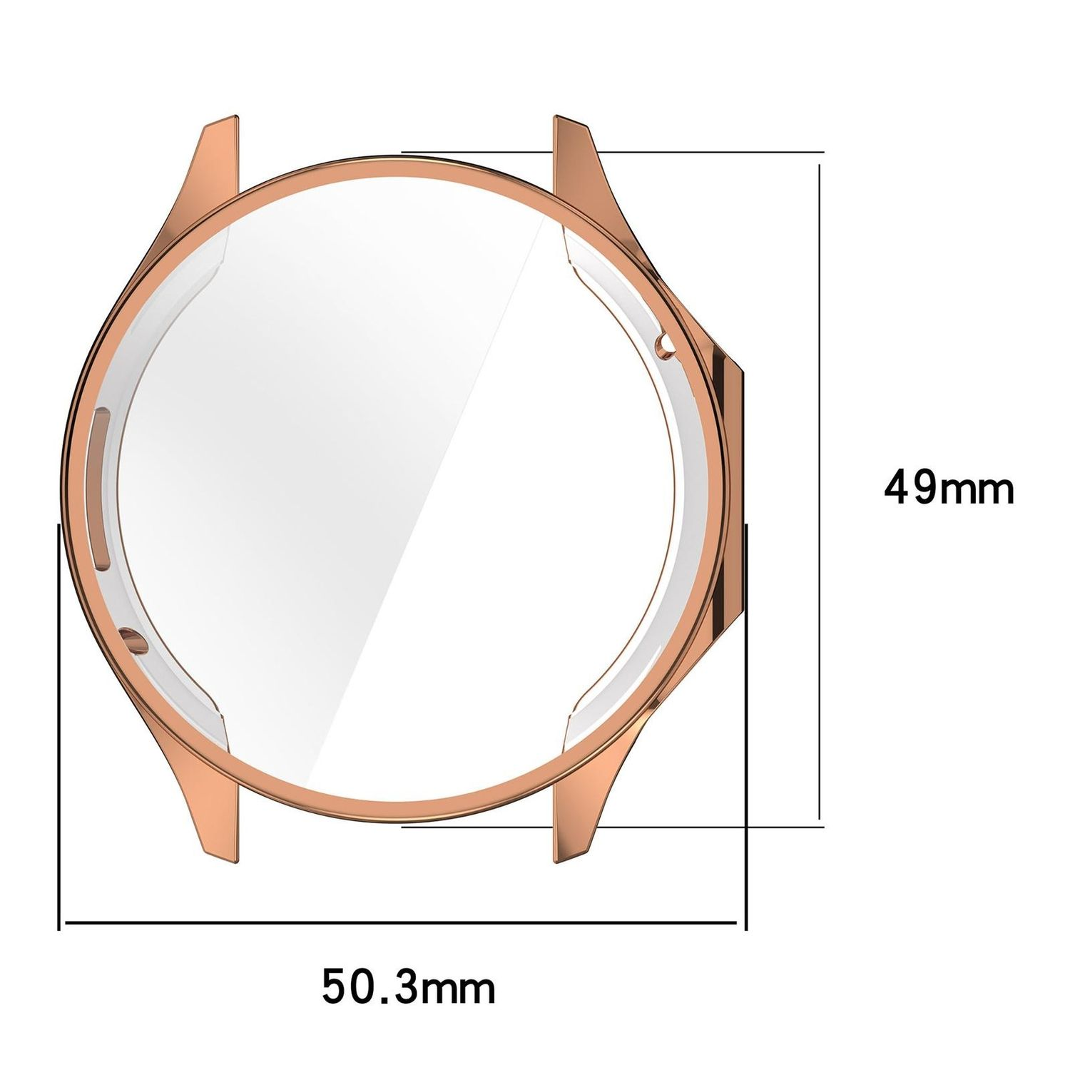Roségoldfarbenes Uhrengehäuse mit Abmessungen in Millimetern, Draufsicht.