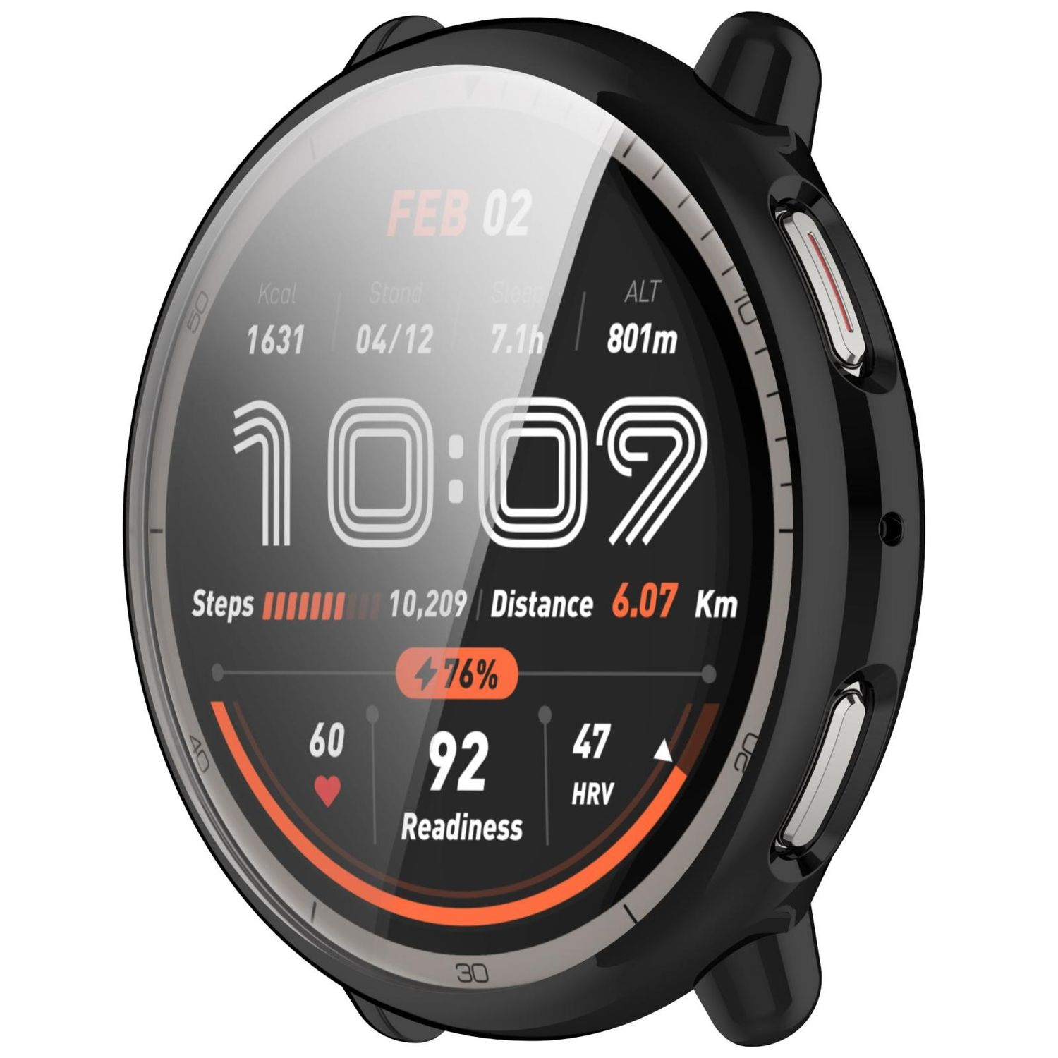 Smartwatch che mostra tempo, passi, distanza e altri dati su display nero e arancione.