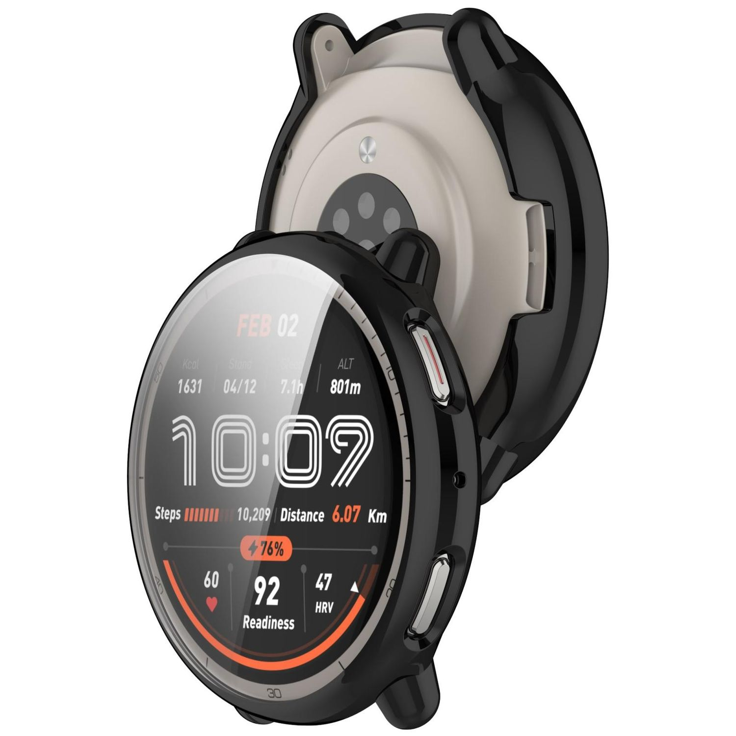 Uno smartwatch nero con display digitale che mostra dati. È in una custodia protettiva nera, su sfondo chiaro.