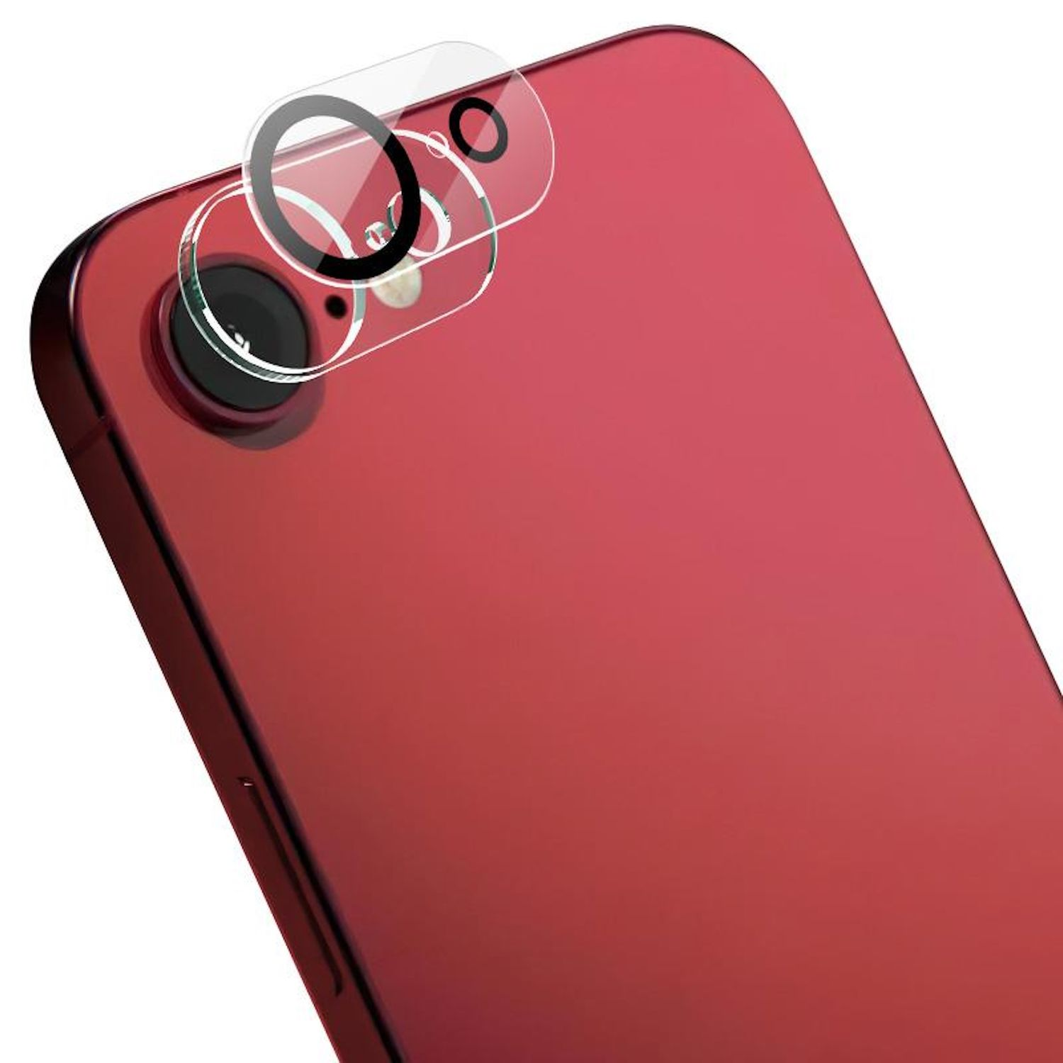 Rotes Telefon mit Displayschutzfolie, mit installiertem Kameraschutz.