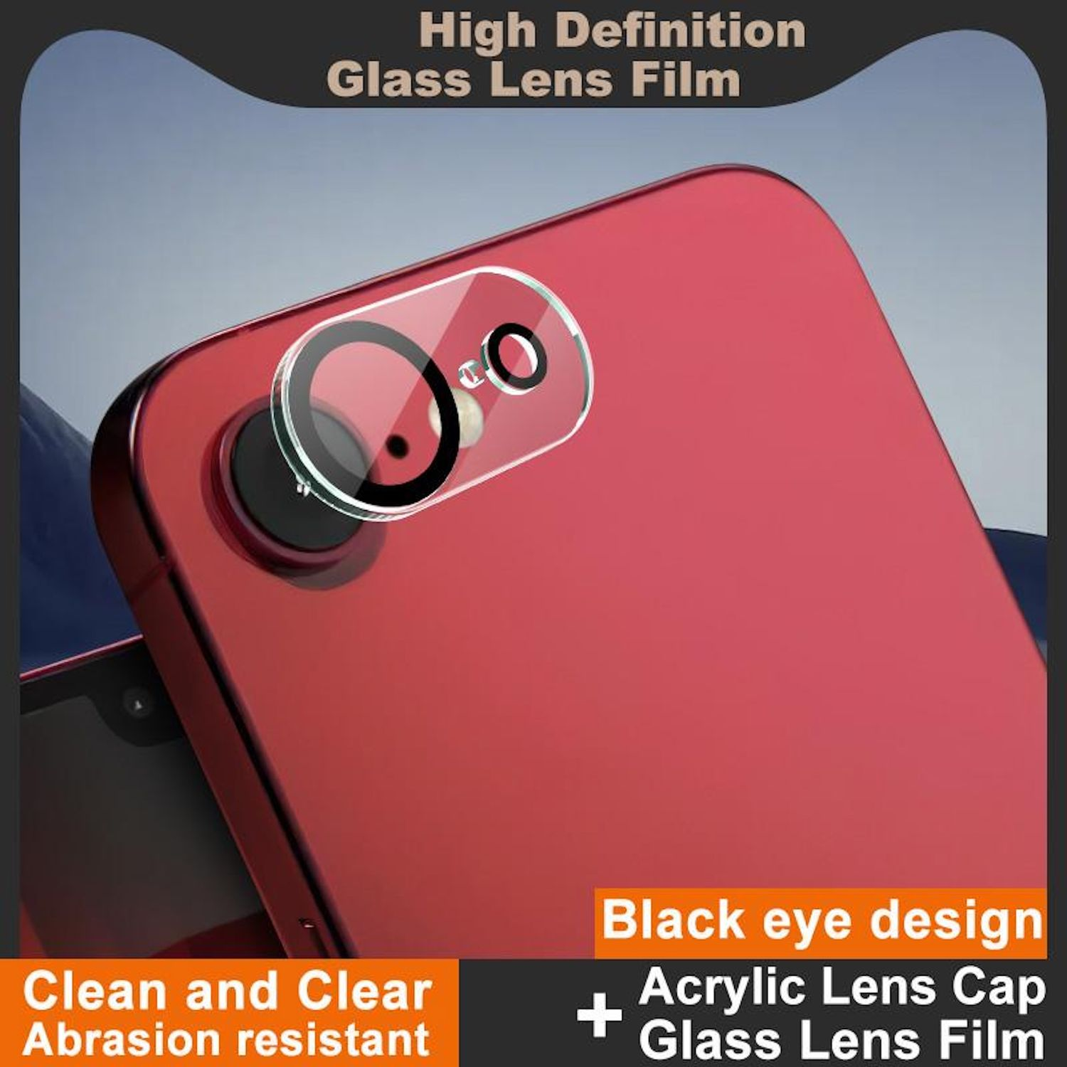 Ein rotes Telefon mit einem schwarzen Kameraschutz. Das Bild zeigt das Produkt mit Text.