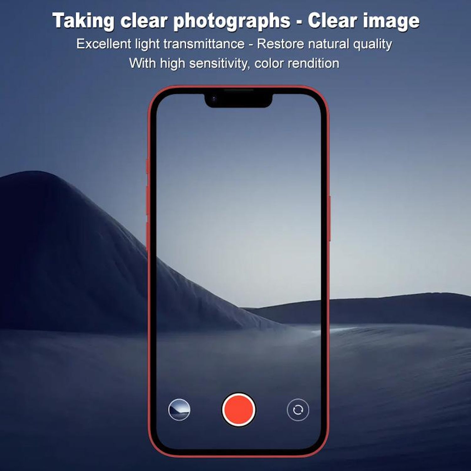 Ein rotes Telefon mit einem klaren Bildschirm, mit einem verschwommenen Hintergrund aus blauem Himmel und Wasser.