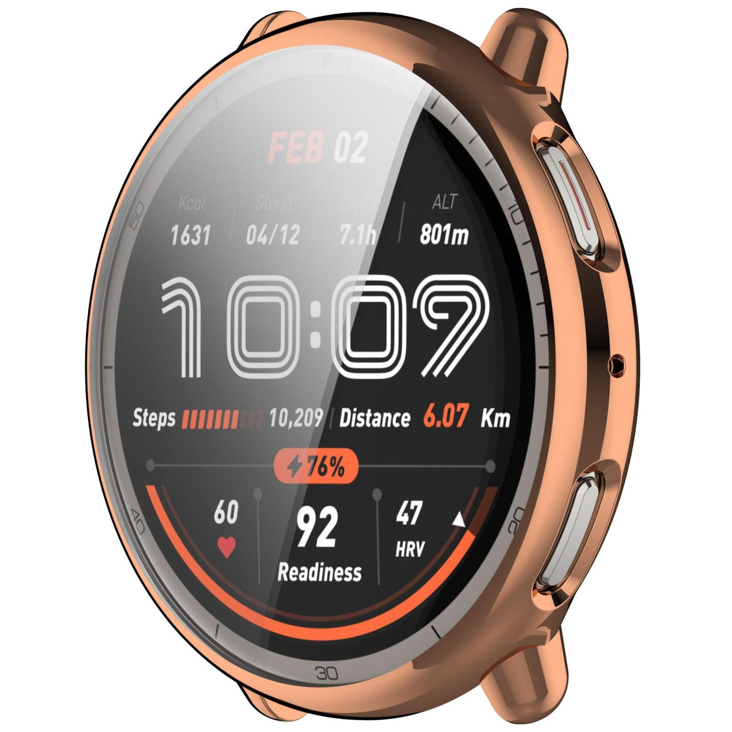 Uno smartwatch oro rosa che mostra dati di fitness: ora, passi, frequenza cardiaca, distanza e percentuale della batteria.