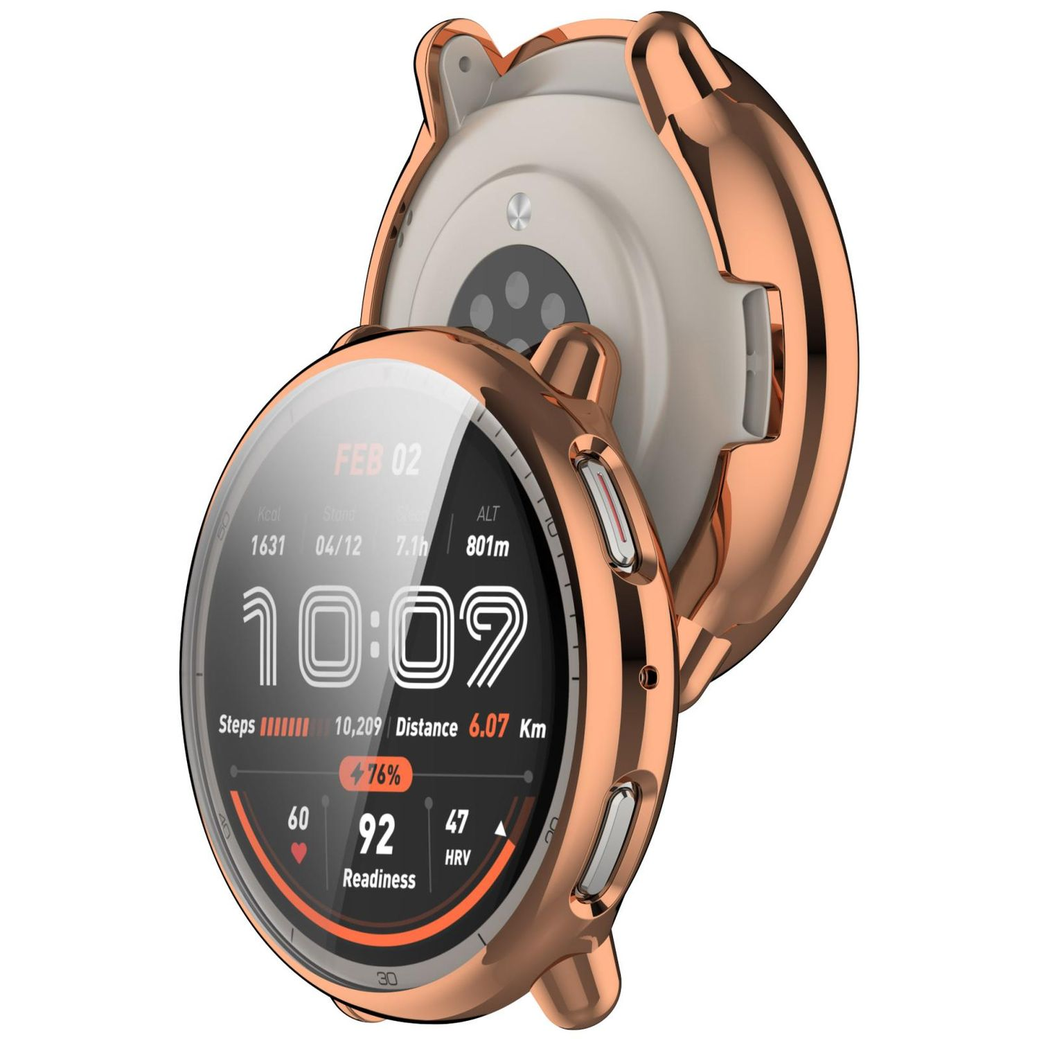 Smartwatch oro rosa, parzialmente aperto, mostra metriche di salute e data.