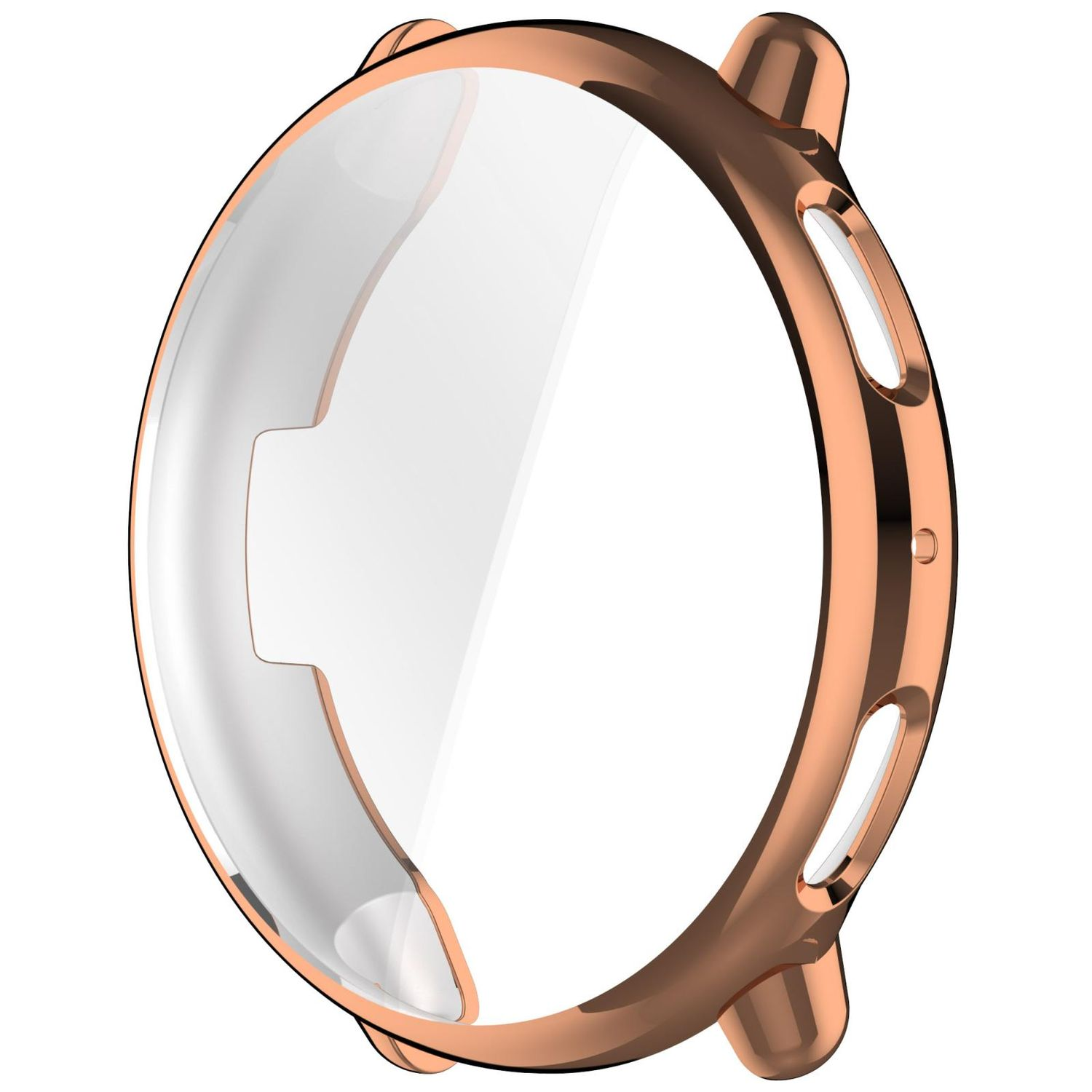 Cassa dell'orologio oro rosa con schermo trasparente, ripresa ravvicinata.