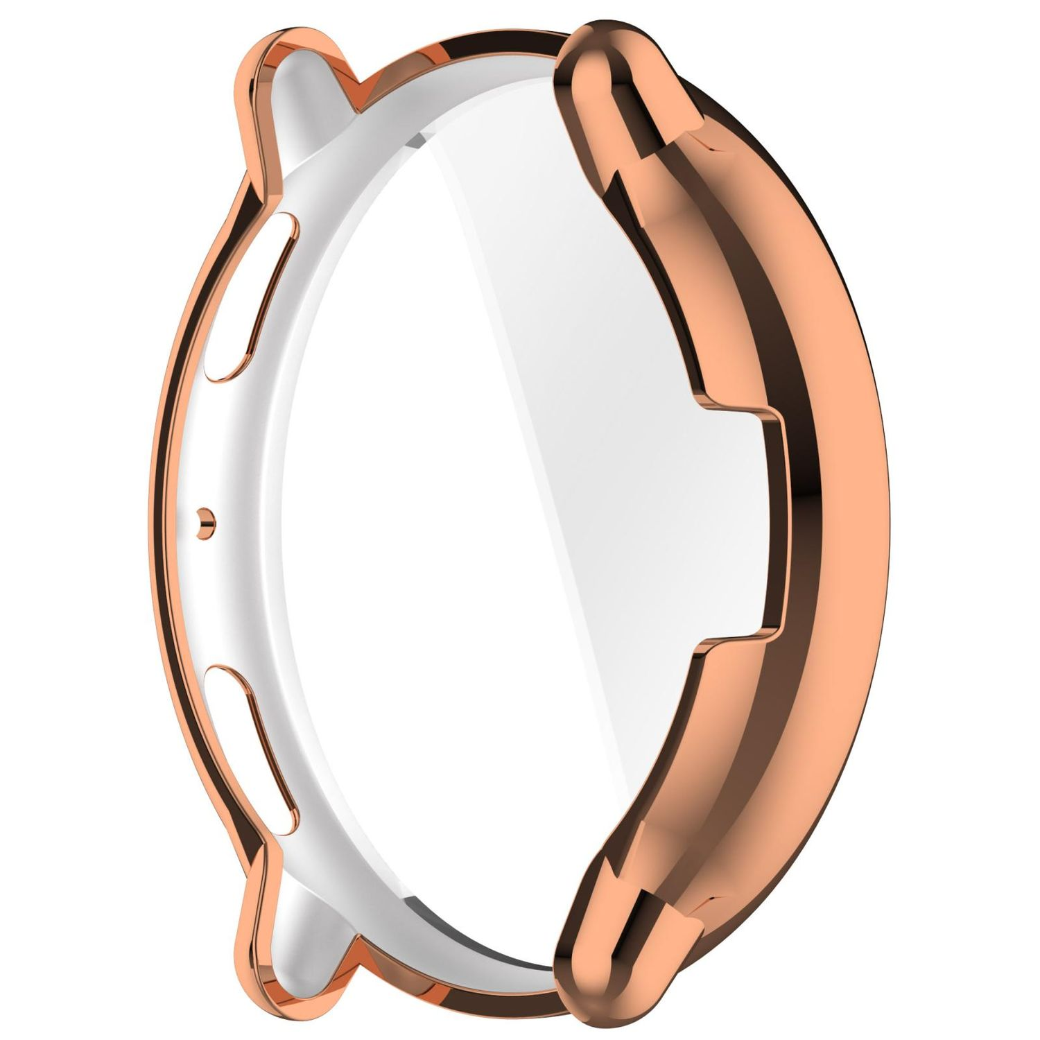 Una cassa per orologio in oro rosa con una protezione schermo trasparente. La cassa avvolge il quadrante.