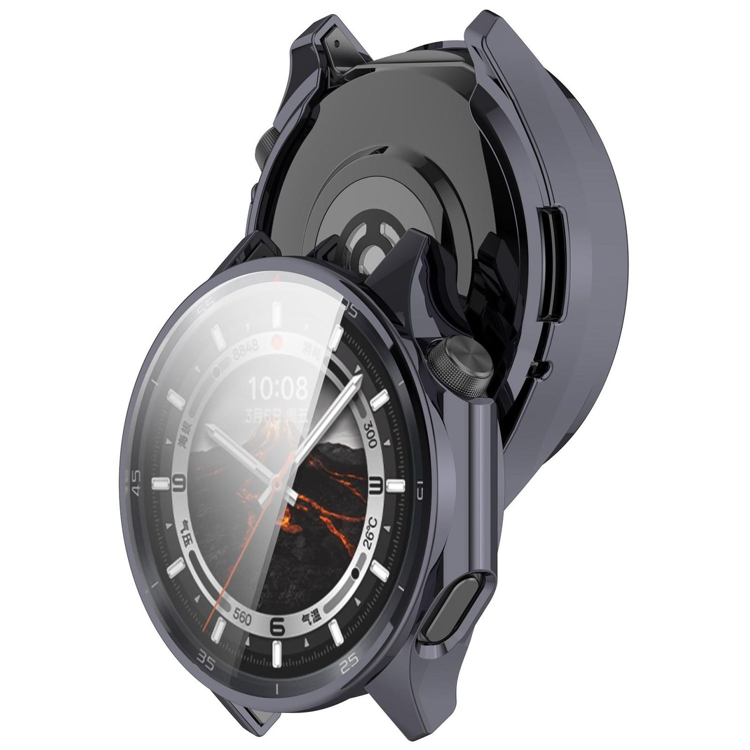Smartwatch grigio scuro su bianco, con lunetta nera rotante e quadrante che mostra l'ora e un paesaggio.