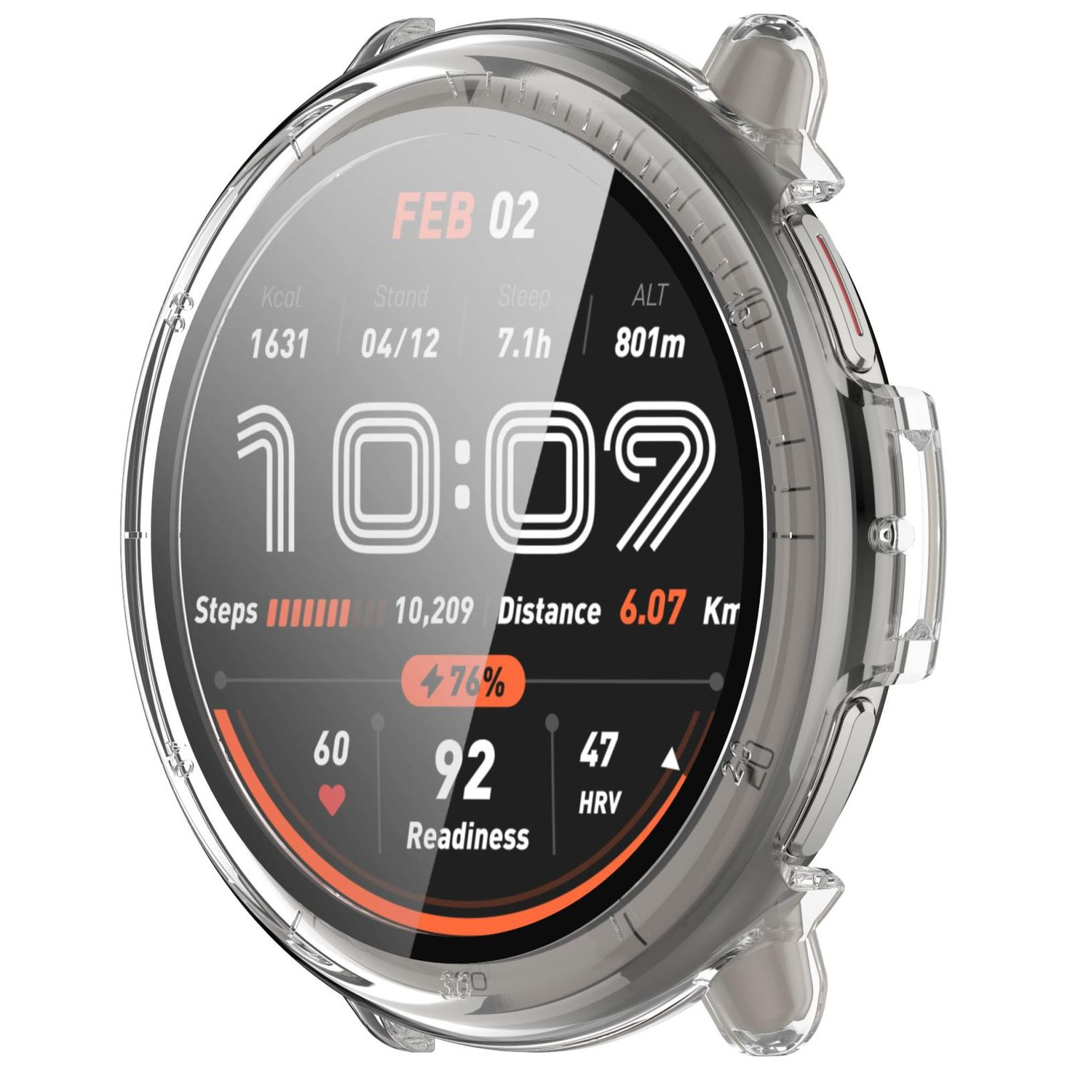 Uno smartwatch con custodia trasparente, che mostra ora, statistiche e metriche.