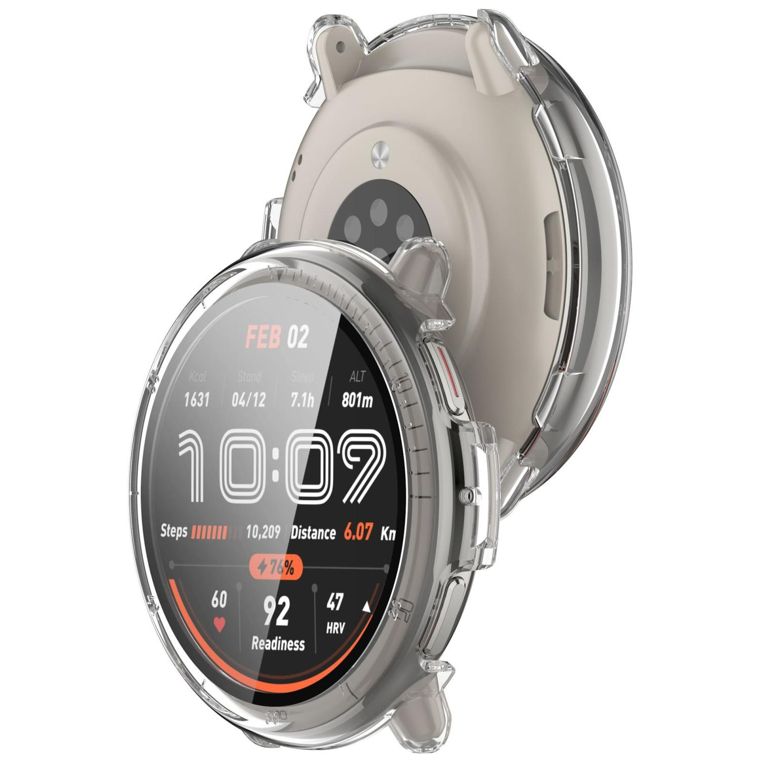 Smartwatch con cover protettiva trasparente, mostra ora e metriche di salute.