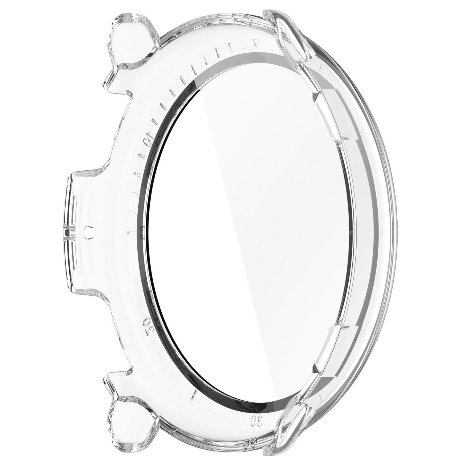 Custodia trasparente per orologio. Trasparente e circolare, con indicatori e bordo.