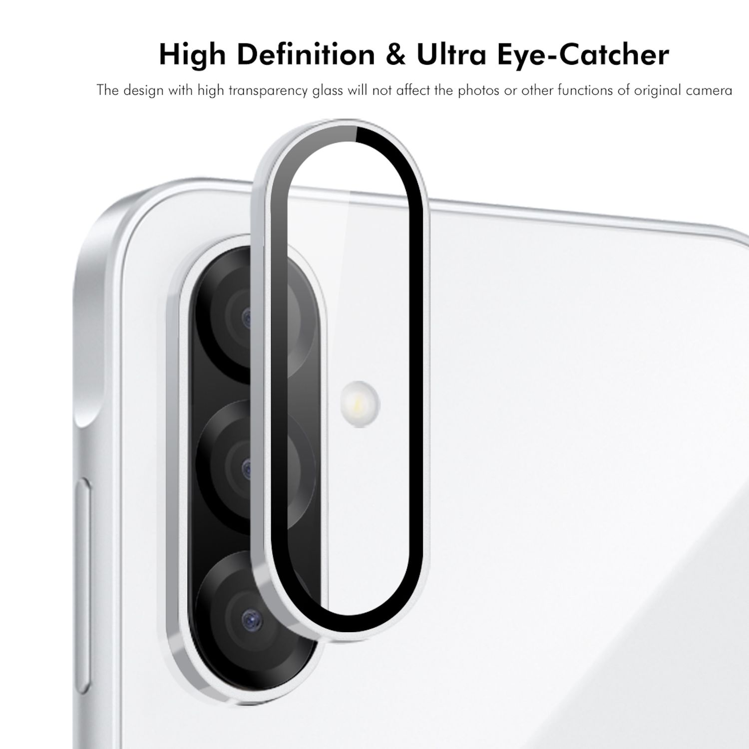 Nahaufnahme eines Telefokamera-Linsenschutzes mit klarem Rahmen und reflektierendem Glas auf einer weißen Telefonrückseite.