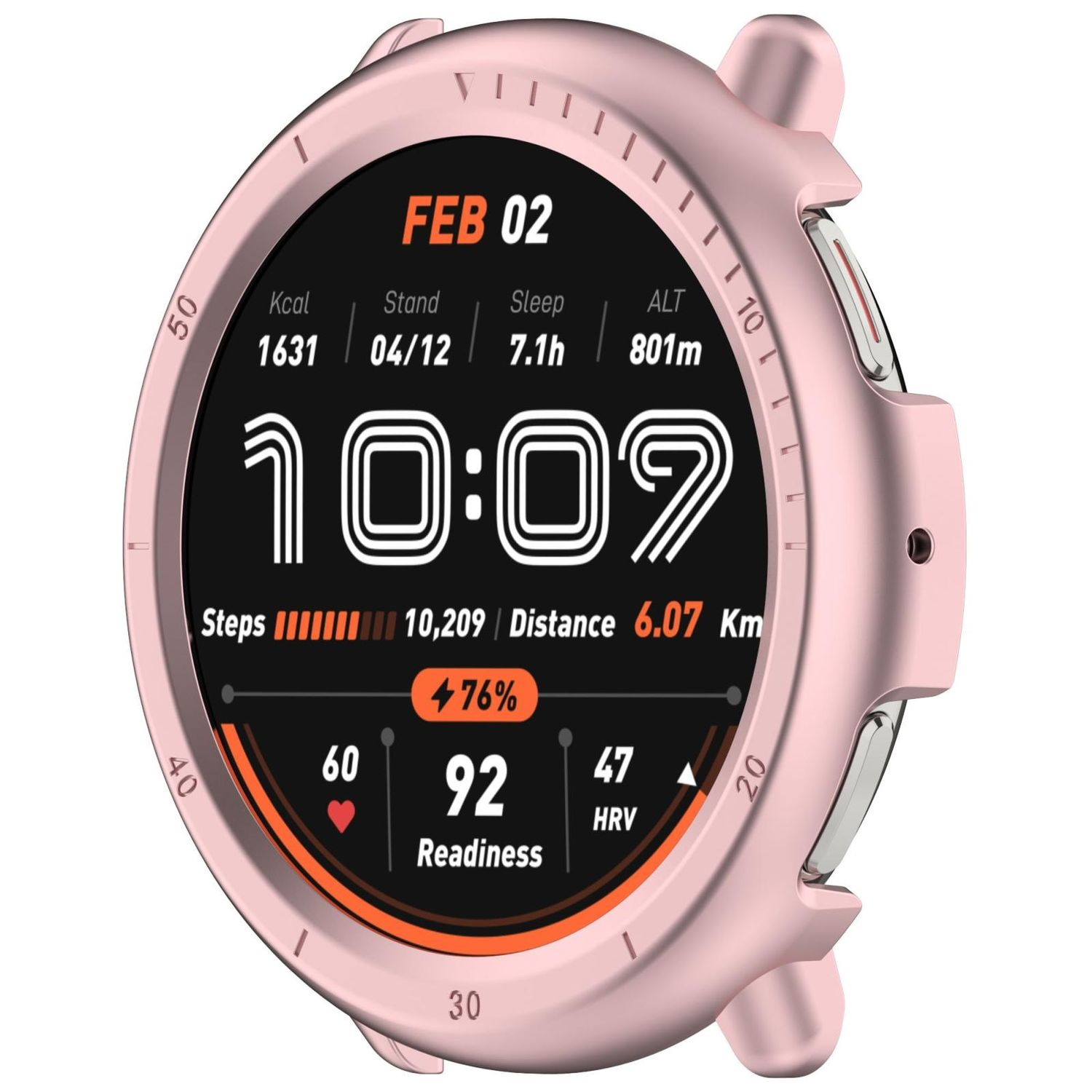 Smartwatch mit Anzeige von Datum, Uhrzeit und Gesundheitsmetriken. Rosa Gehäuse.