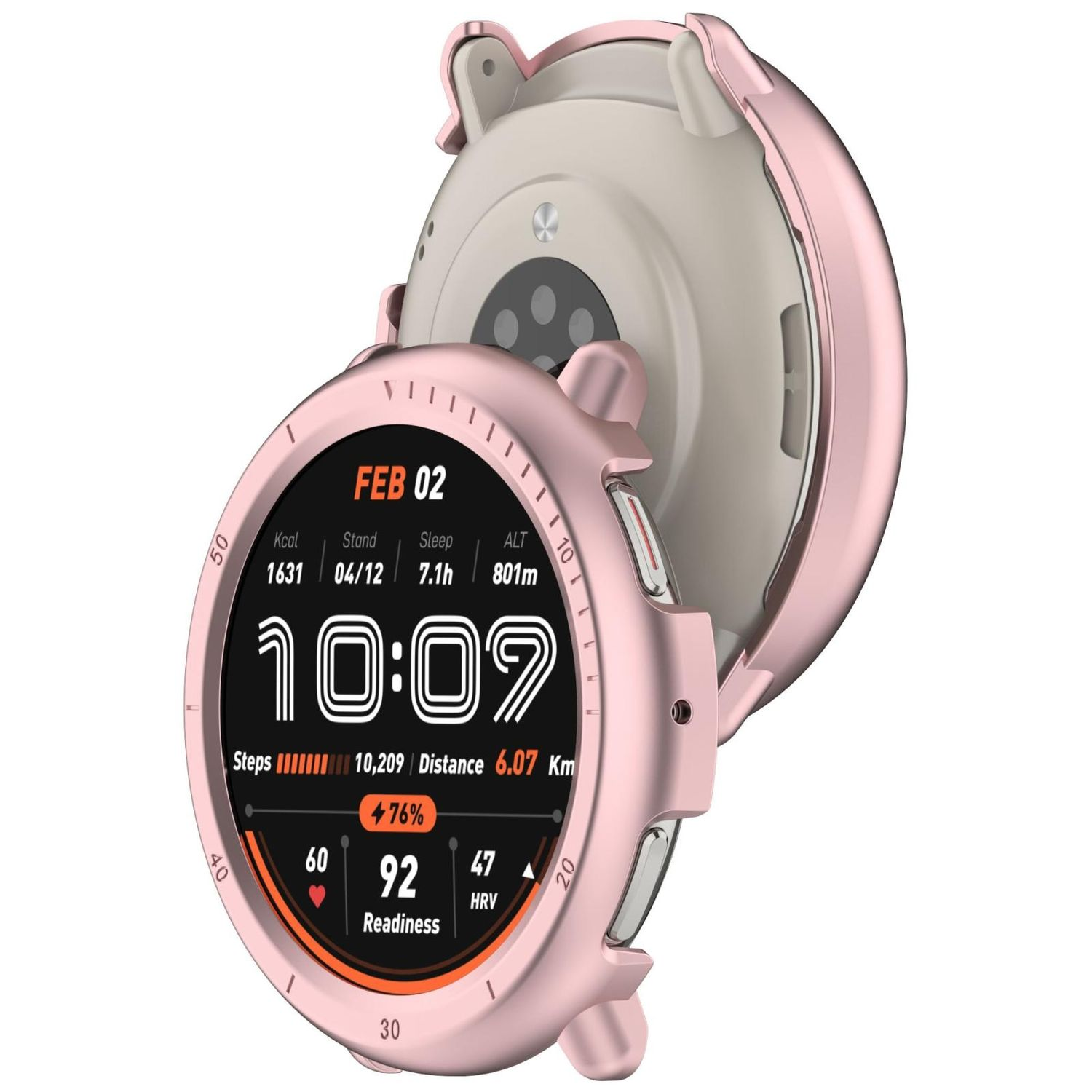 Rosafarbene Smartwatch mit Anzeige von Zeit, Schritten und anderen Messwerten.
