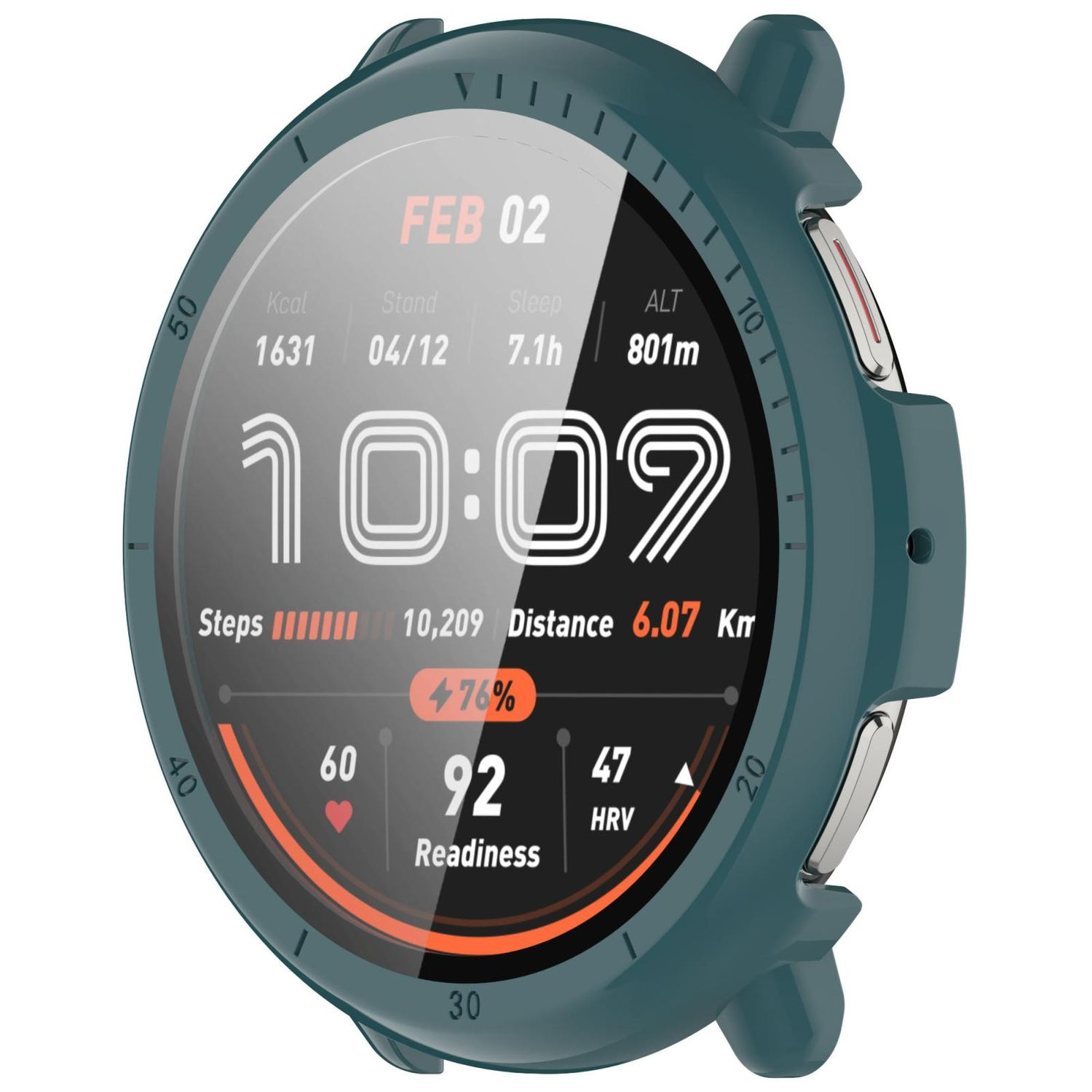 Eine Smartwatch mit tealfarbenem Gehäuse, die Zeit, Schritte, Herzfrequenz und andere Gesundheitsdaten anzeigt.