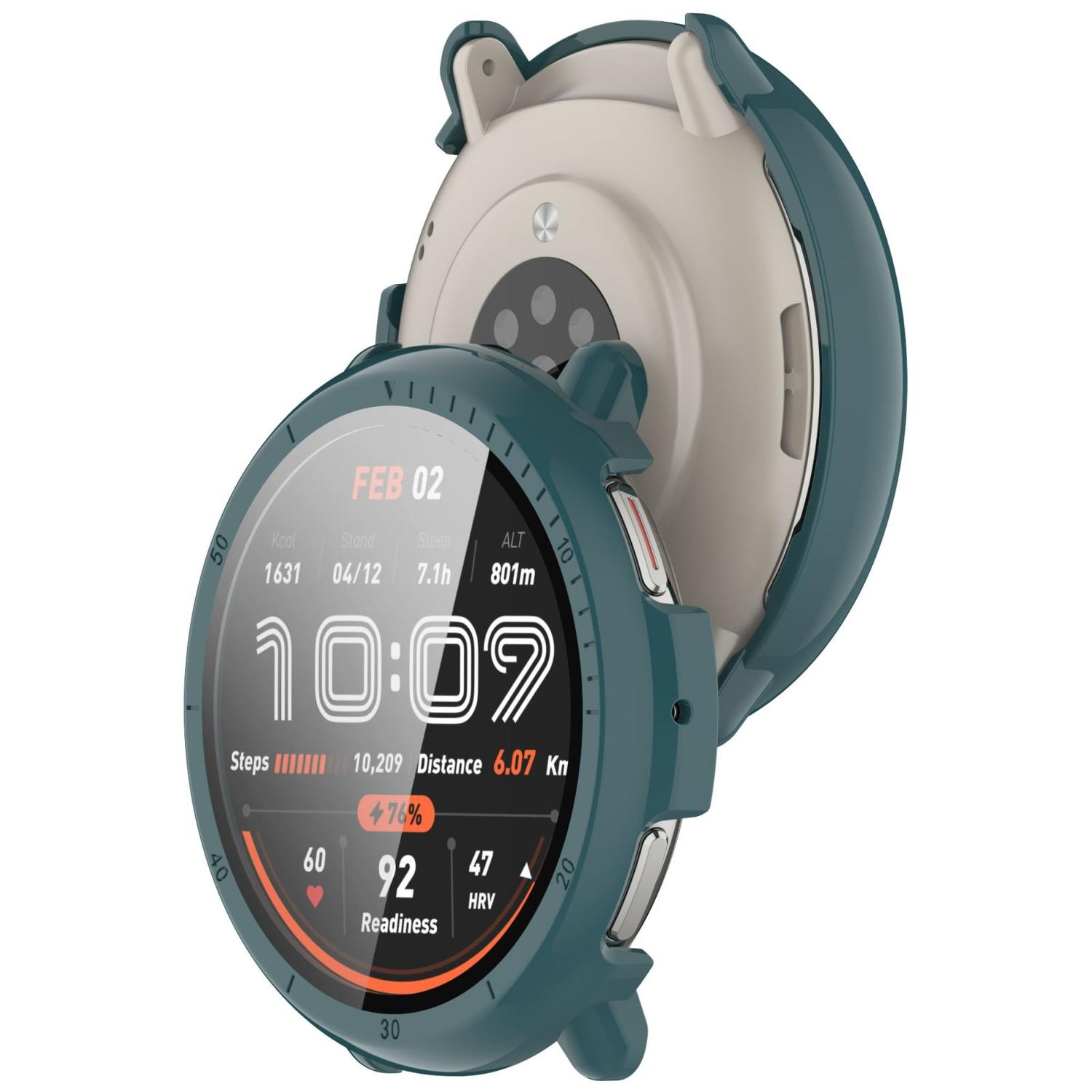 Grüne Smartwatch mit Digitalanzeige, die Gesundheitsmetriken anzeigt, geöffnet, Rückseite sichtbar.