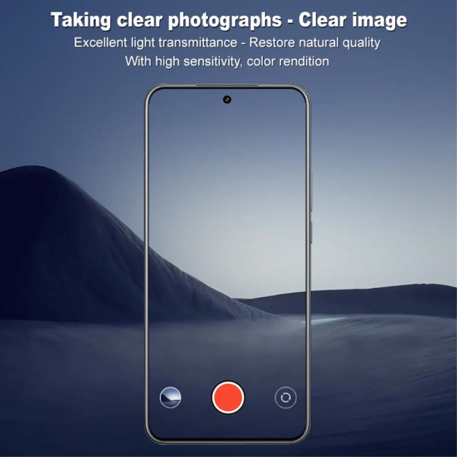 Uno schermo del telefono che mostra un'interfaccia della fotocamera con un pulsante di registrazione rosso, con uno sfondo blu.