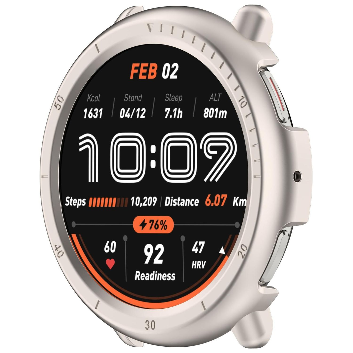 Eine Smartwatch mit weißer Lünette zeigt Datum, Uhrzeit und verschiedene Gesundheitsmetriken an.