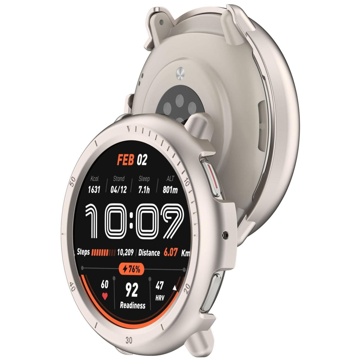 Eine silberne Smartwatch zeigt Daten auf ihrem Bildschirm an. Es besteht aus zwei Teilen.