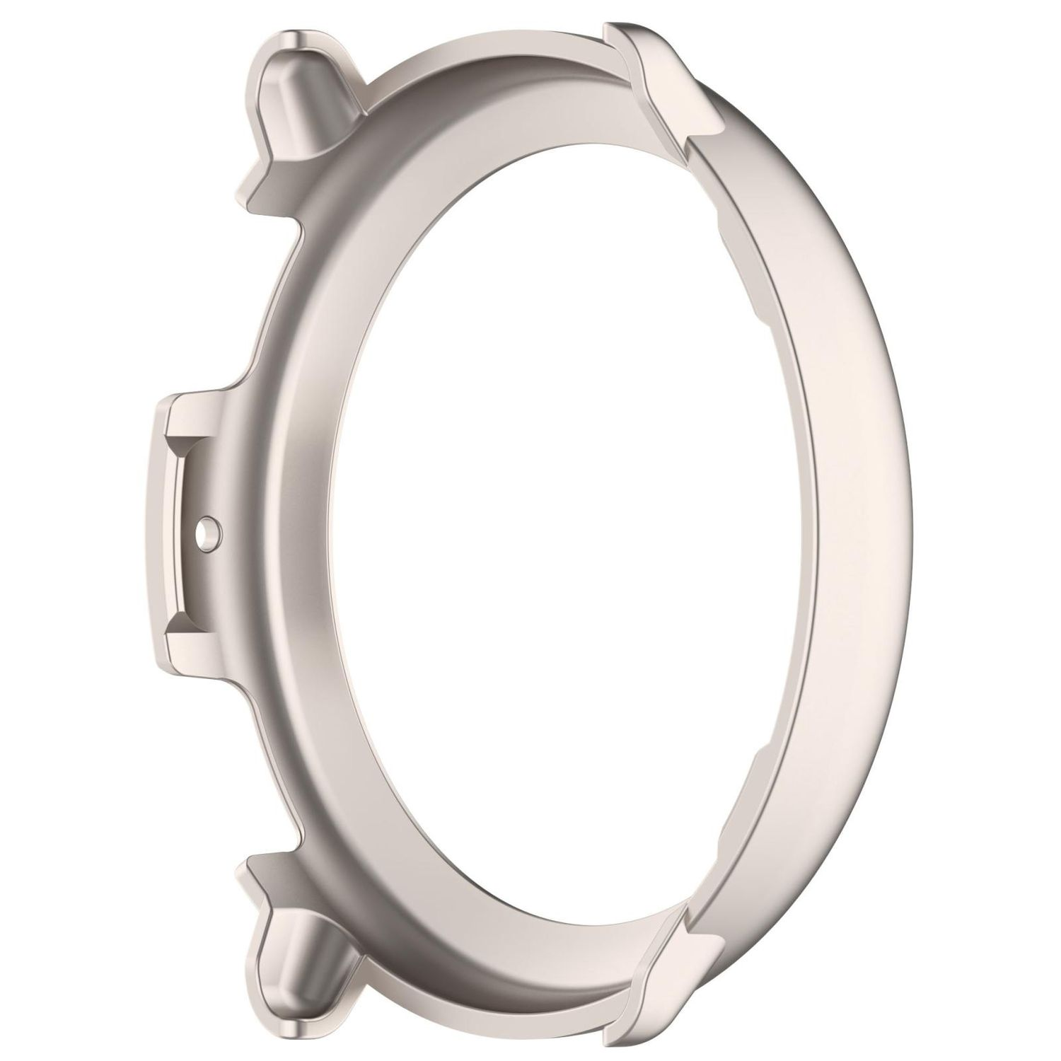 Silberne Lünette, rund, metallisch mit drei Befestigungspunkten und einem kreisförmigen Design.