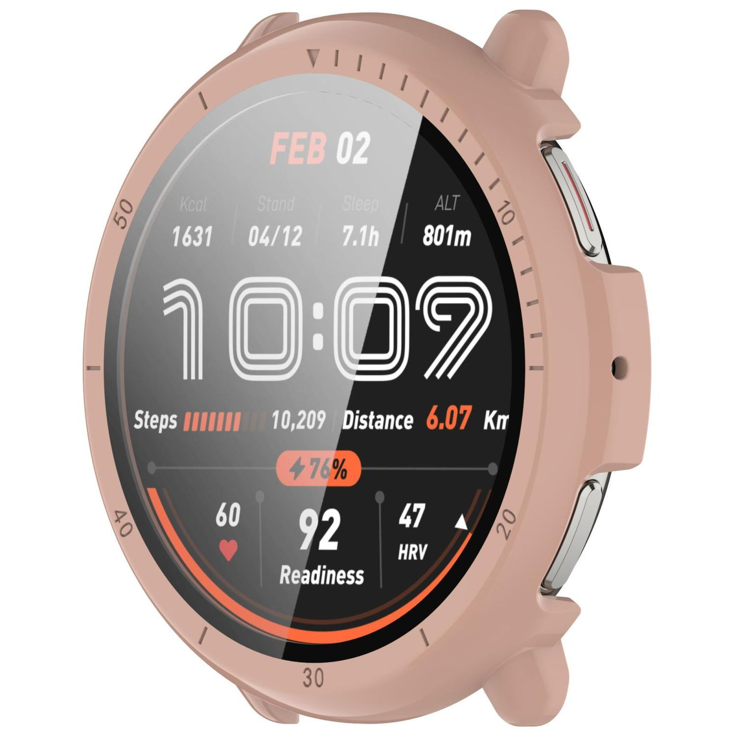 Eine Smartwatch mit rundem Zifferblatt, das Fitnessdaten wie Schritte, Herzfrequenz und Zeit anzeigt.