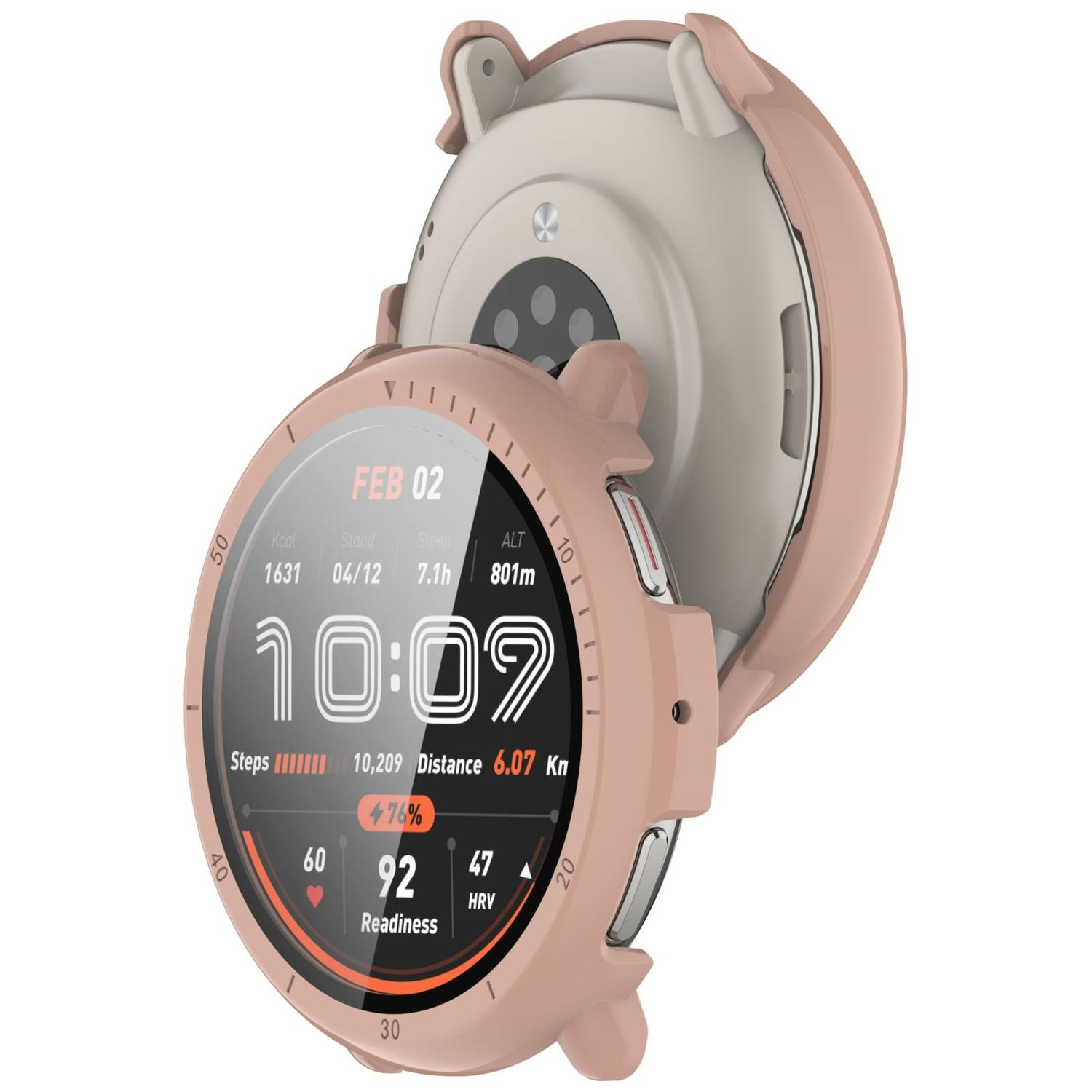 Eine pinke Smartwatch mit Datenanzeige und Schutzhülle.