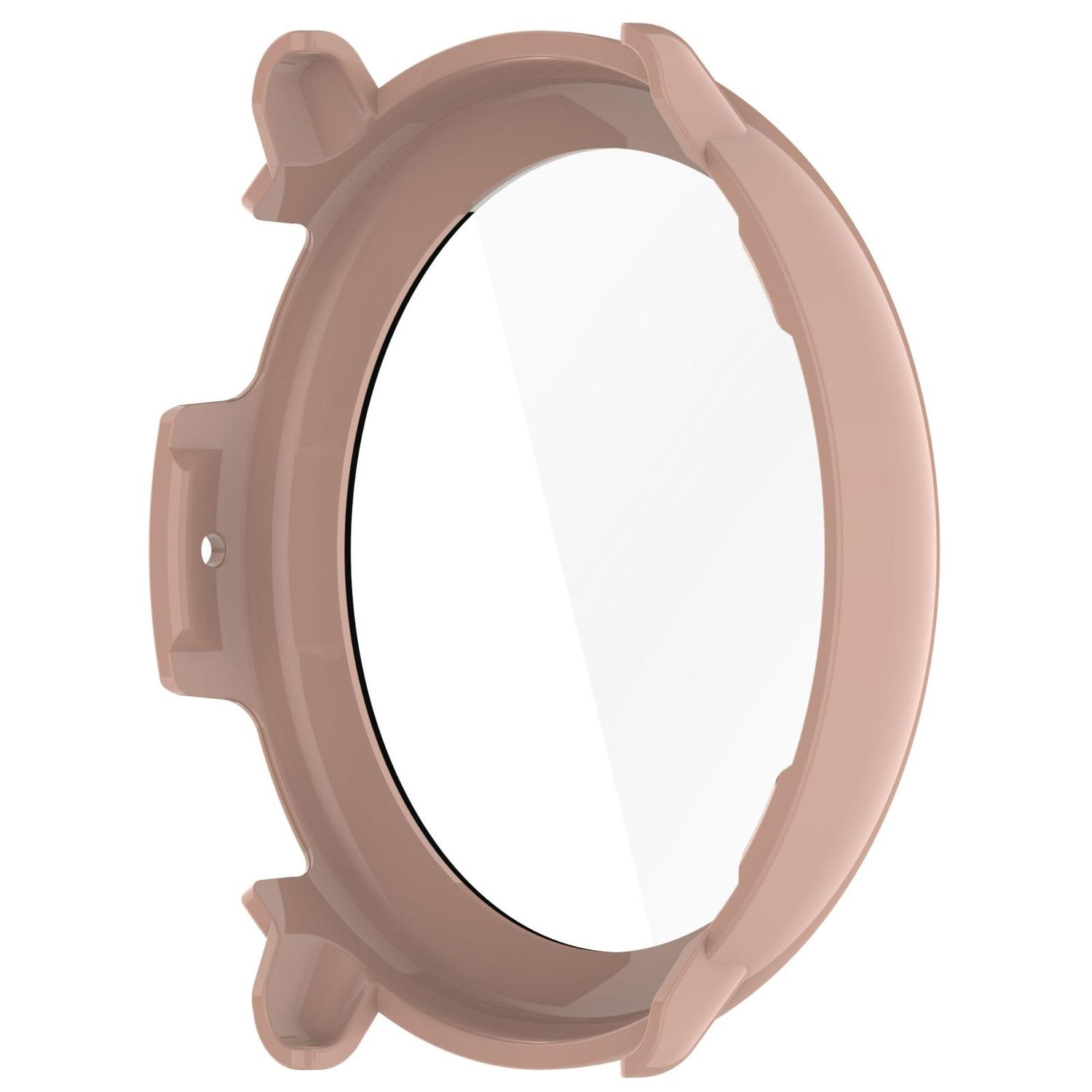 Ein rosa Uhrengehäuse mit einem transparenten Displayschutz.