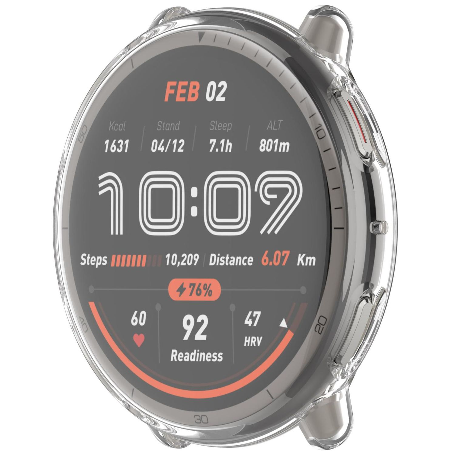 Smartwatch che mostra dati fitness: passi, distanza, frequenza cardiaca, prontezza e ora.