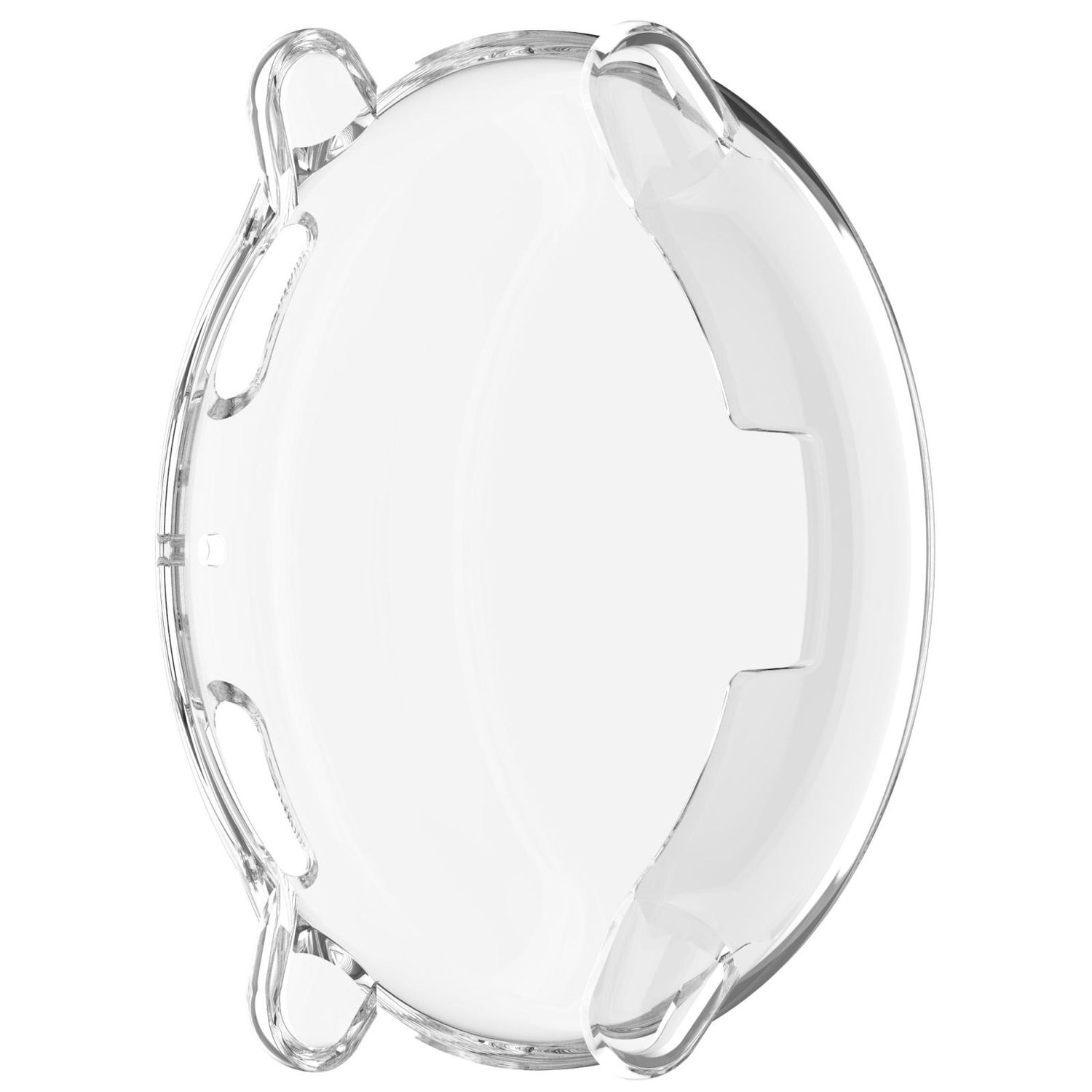 Custodia protettiva trasparente per smartwatch. Forma arrotondata con bordi protettivi.