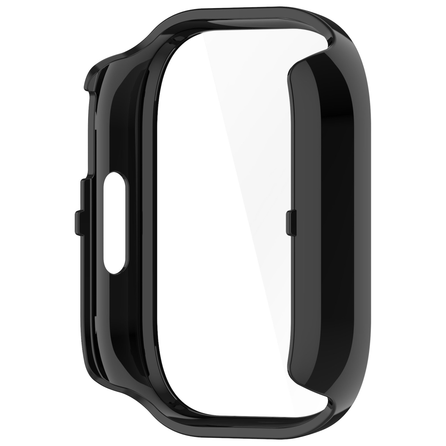 Schwarzes Smartwatch-Gehäuse mit Displayschutz. Die Form ist gebogen und für die Uhr konzipiert.