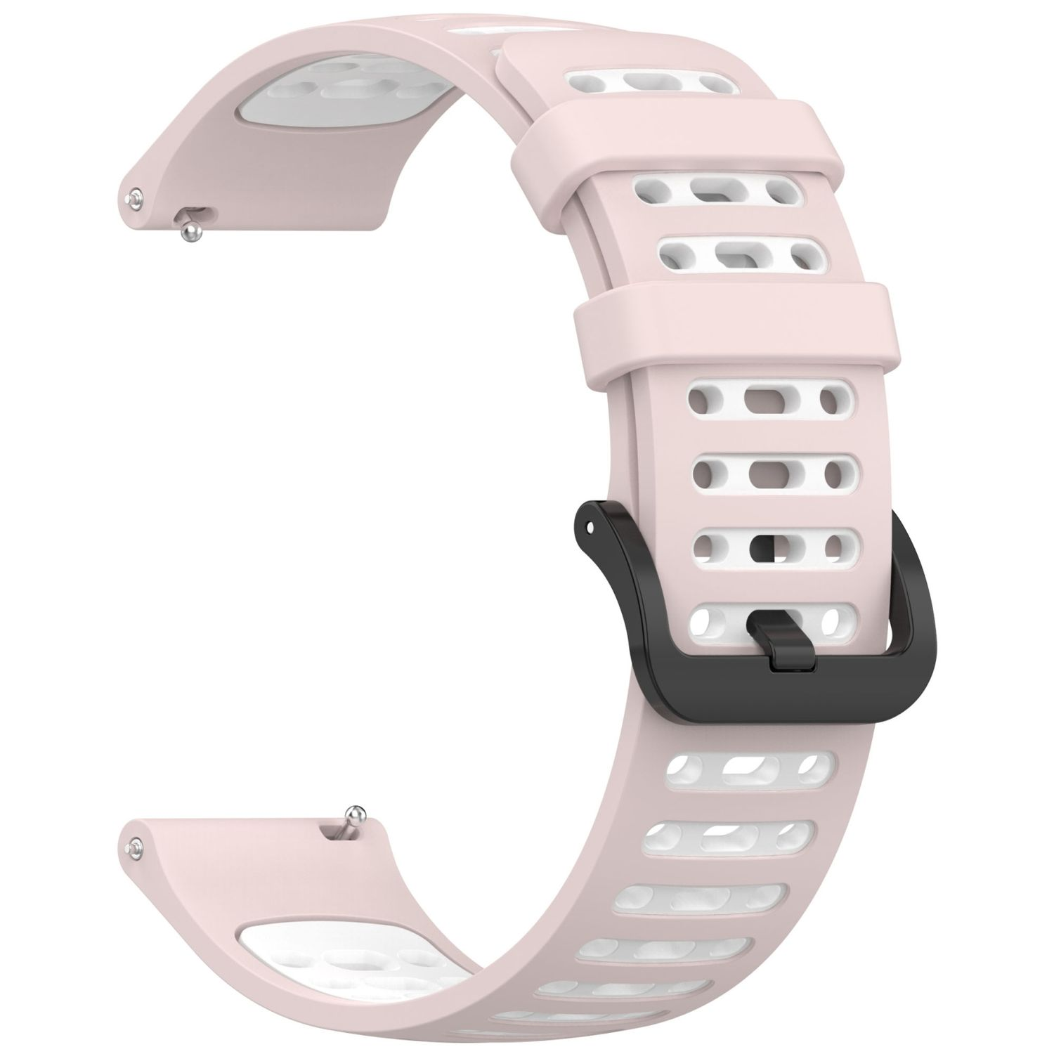 Rosa-weißes Uhrenarmband mit schwarzer Schnalle. Das Armband hat Löcher zur Belüftung.