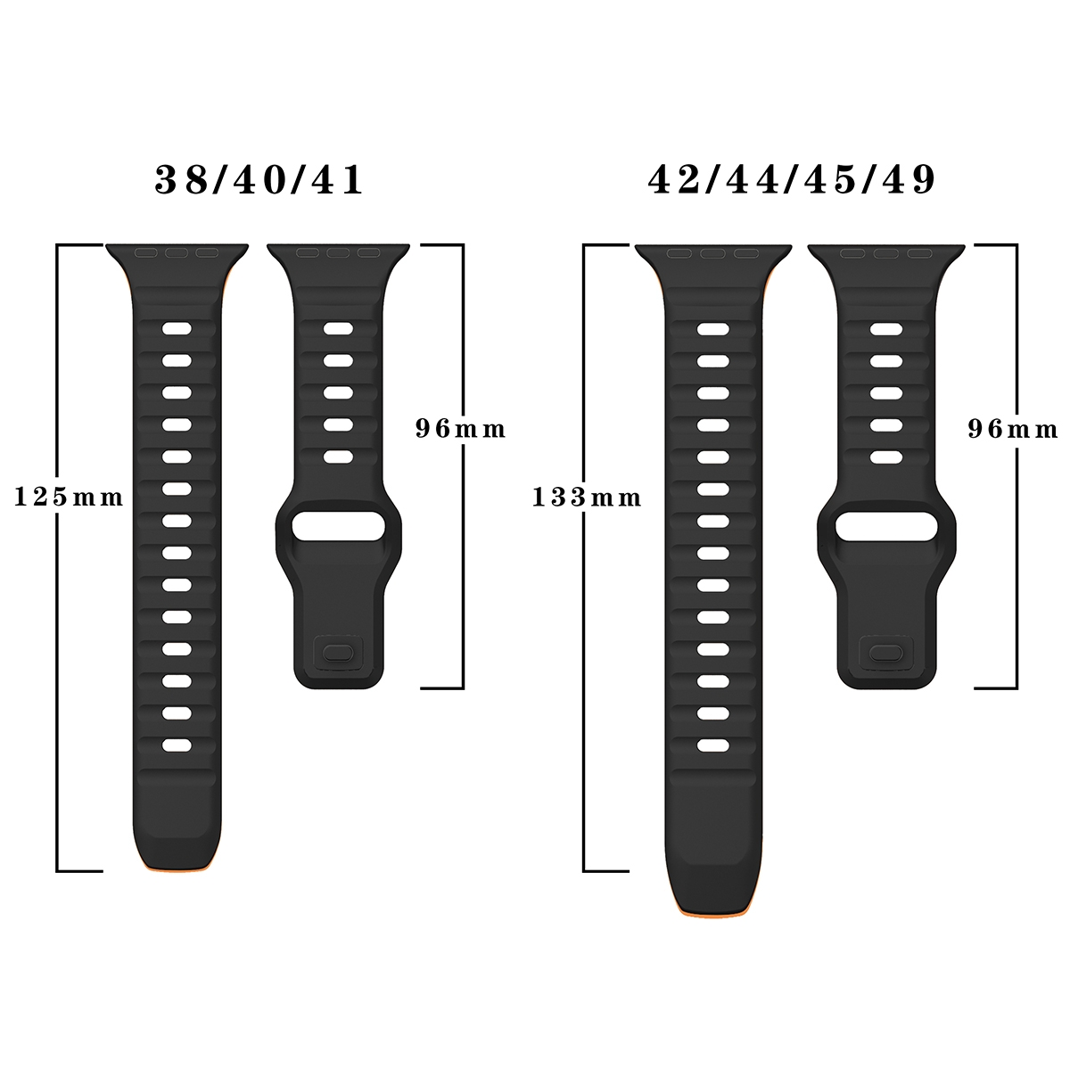 Zwei schwarze Armbänder, mit Größenangaben und Abmessungen. Eines für 38/40/41mm, das andere 42/44/45/49mm.