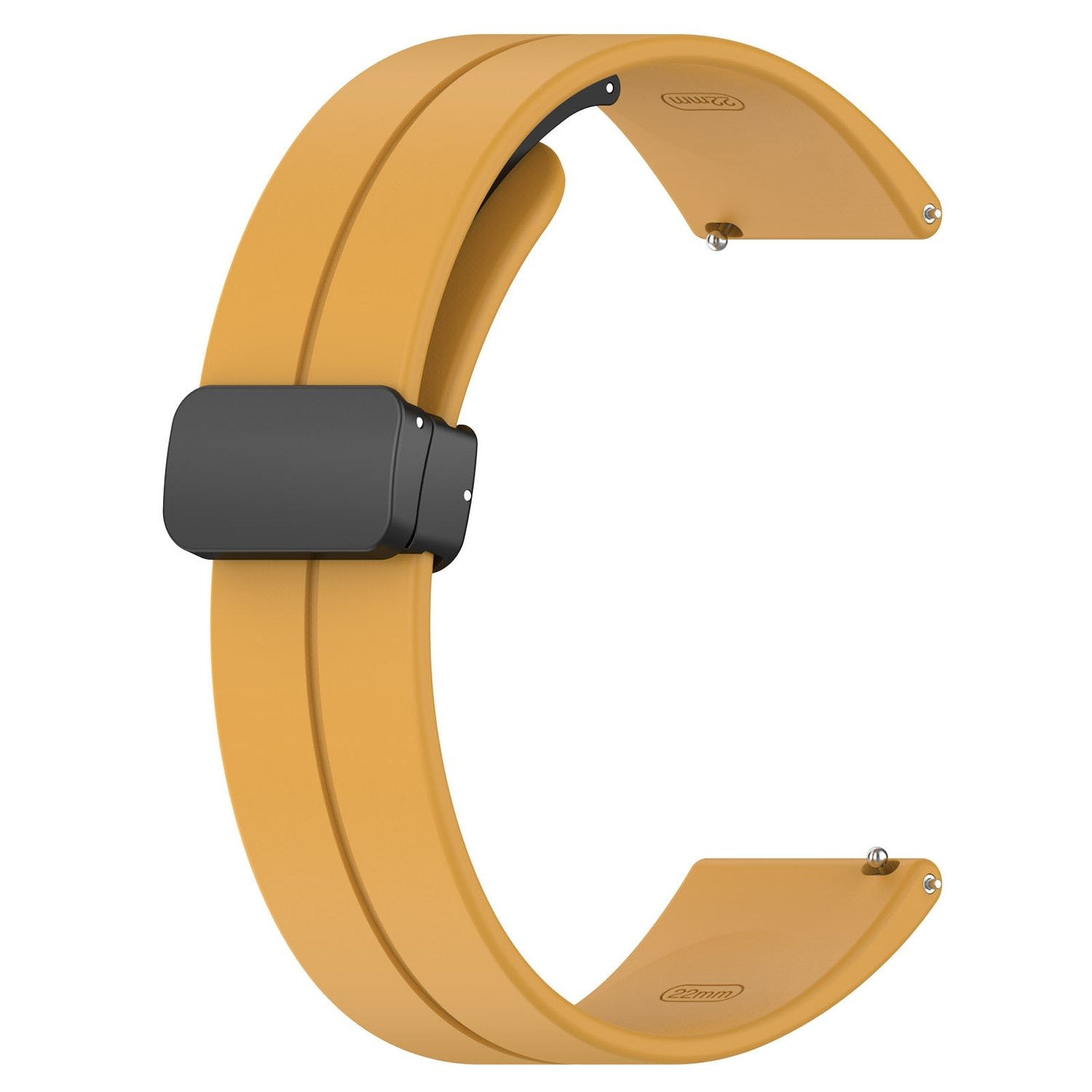 Gelbes Uhrenarmband in C-Form. Es hat eine schwarze Schnalle. Das Uhrenarmband besteht aus Gummi.
