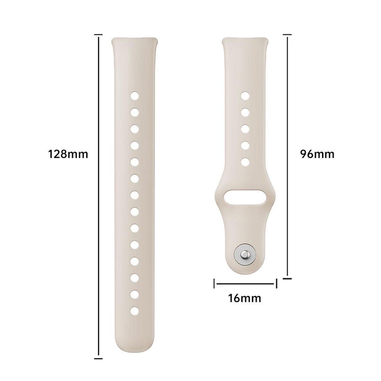 Zwei beige Uhrenarmbänder mit Maßangaben. Eines hat Löcher, das andere eine Schnalle.