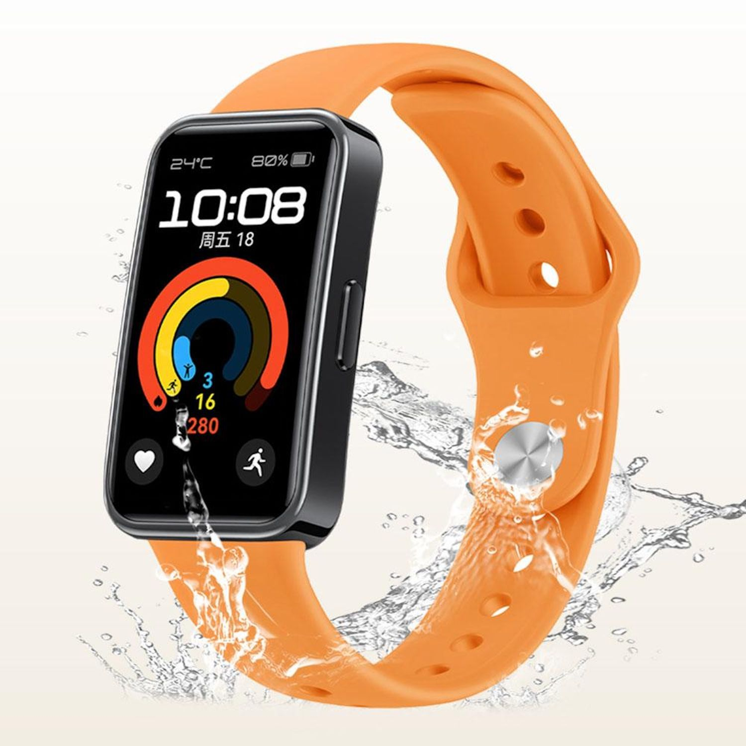 Eine Smartwatch mit orangefarbenem Armband, die Fitnessdaten einschließlich der Uhrzeit anzeigt.