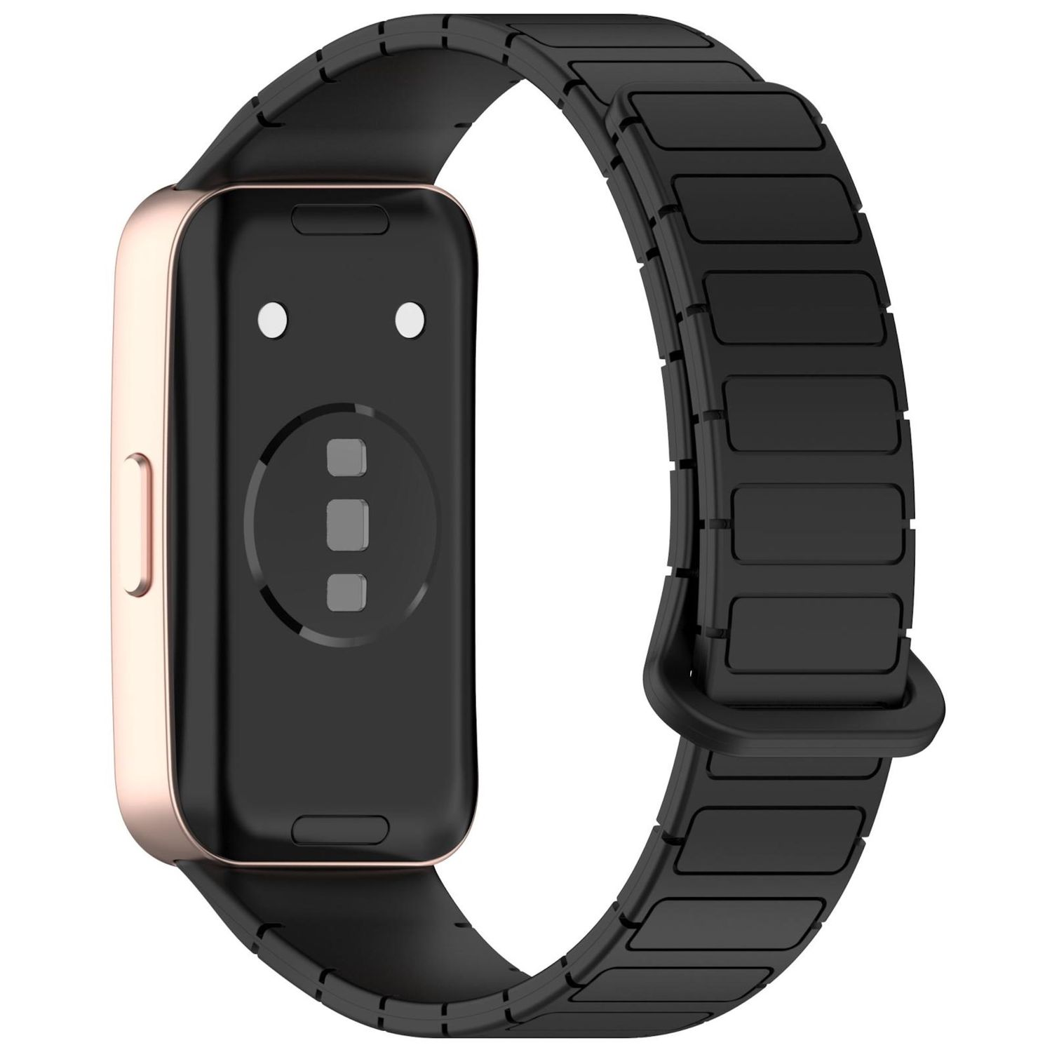 Ein schwarzes und goldenes Fitness-Tracker-Armband. Das Armband ist mit dem Tracker verbunden und magnetisch.