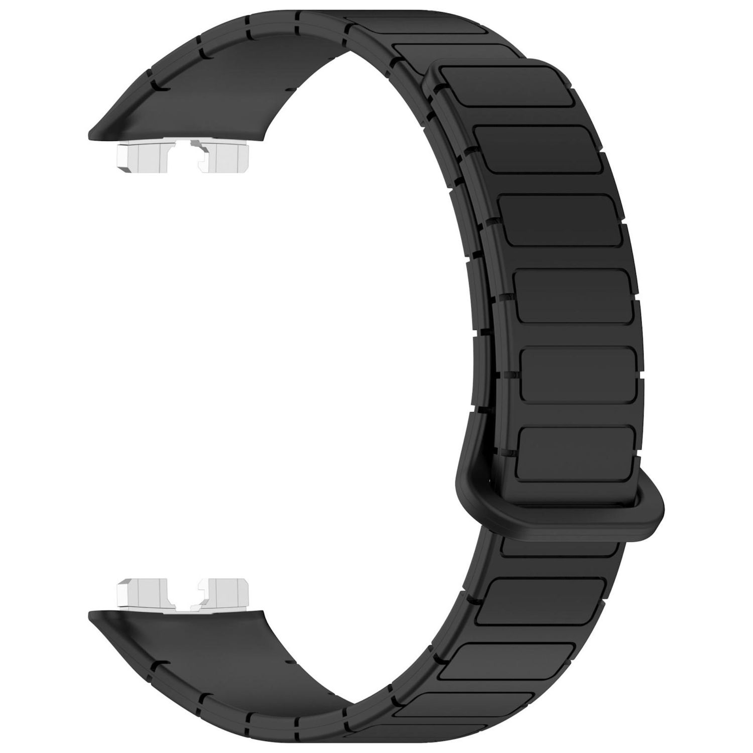 Ein schwarzes Uhrenarmband mit rechteckigen Gliedern und einem Verschluss. Das Band ist gebogen.