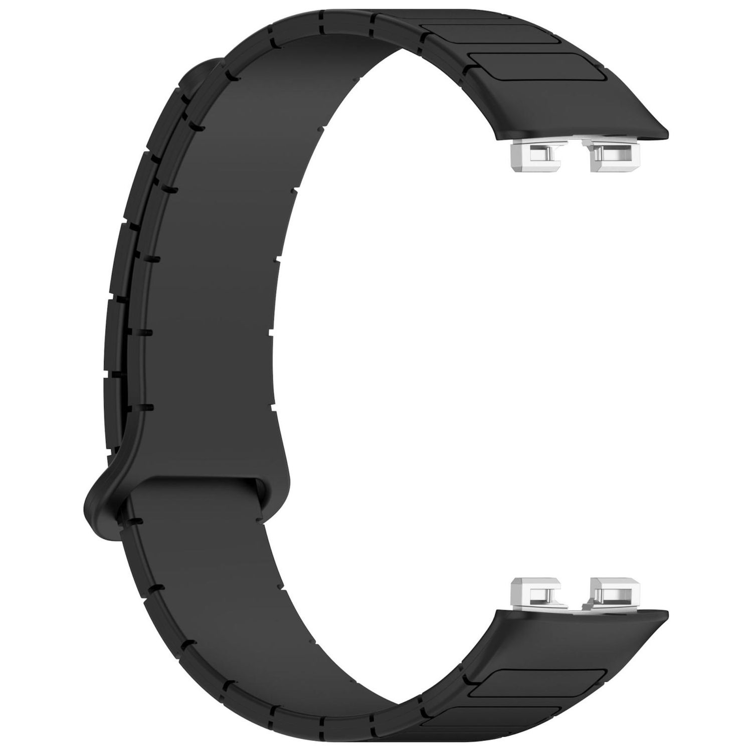 Ein schwarzes Armband in C-Form mit silbernen Anschlüssen.
