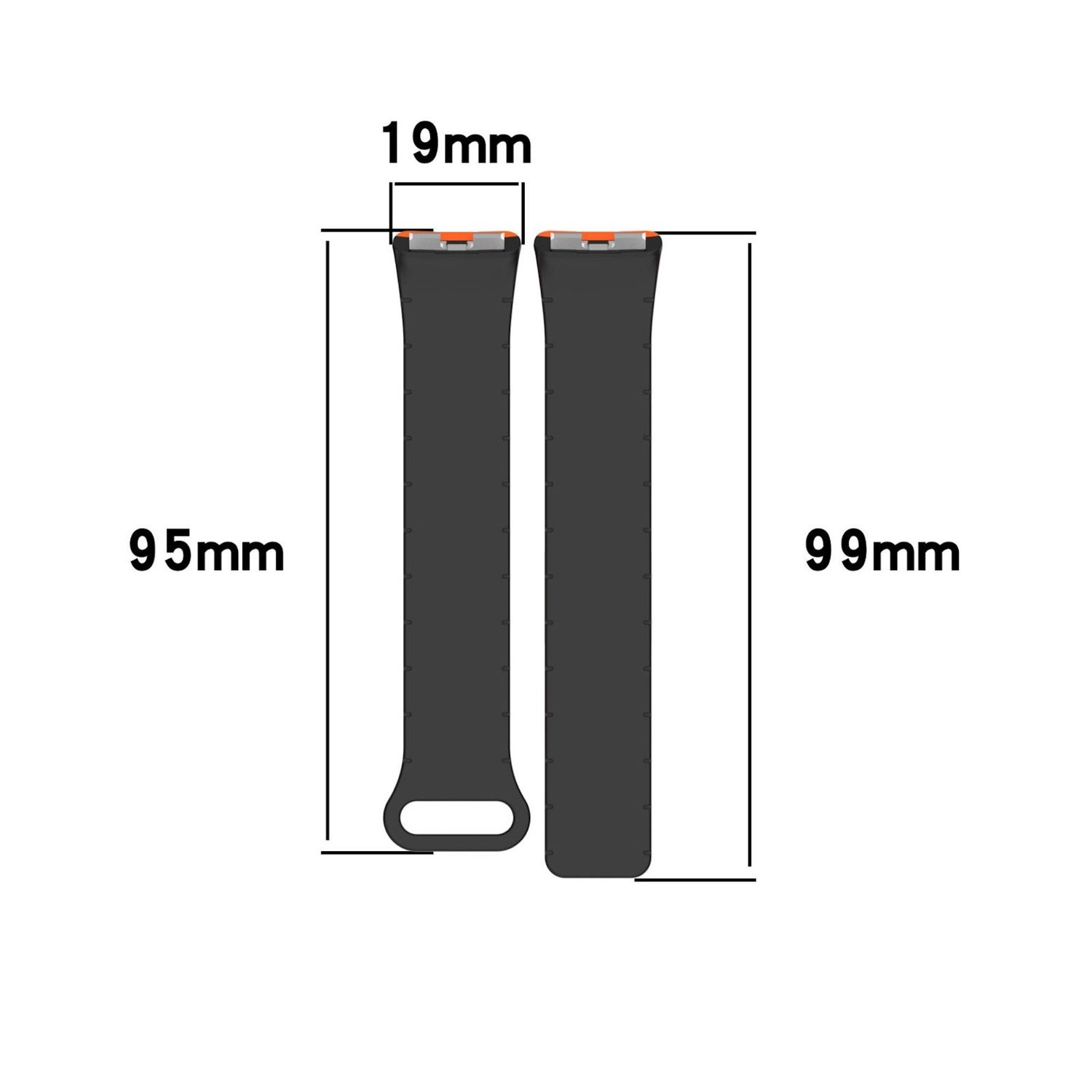Zwei dunkelgraue Uhrenarmbänder. Armbänder liegen nebeneinander. Abmessungen: 95x19mm und 99x19mm mit orangefarbenen Details.