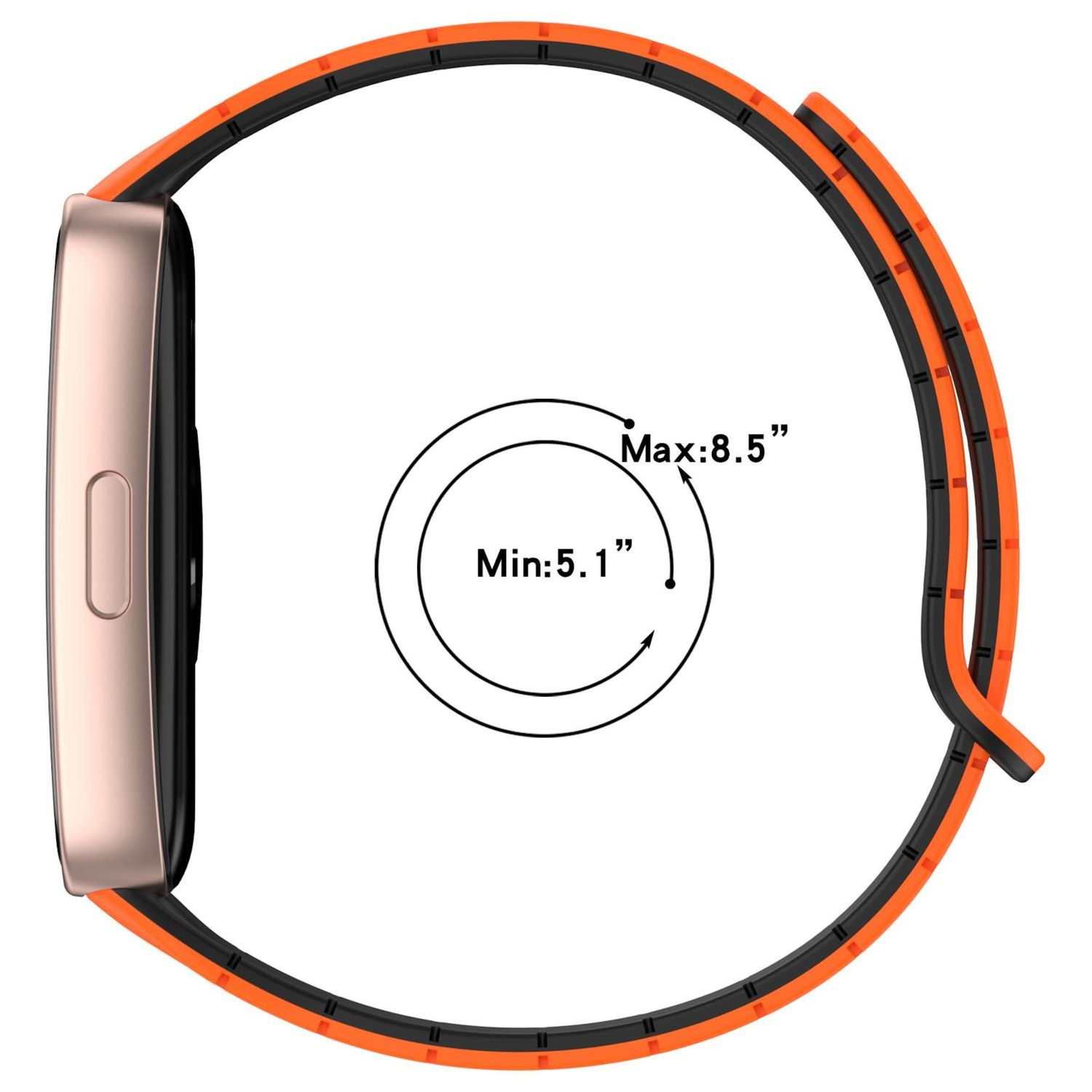 Orange und schwarze Smartwatch mit Messdetails. Max 8,5 Zoll, min 5,1 Zoll.