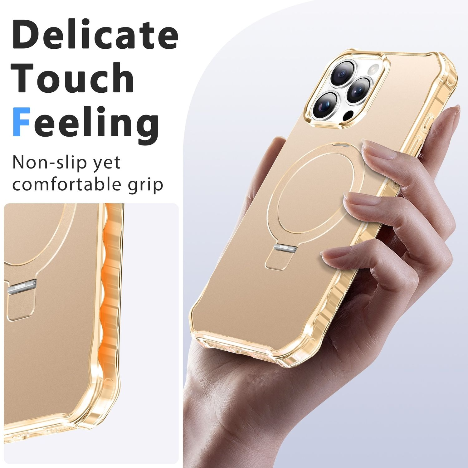Goldene Handyhülle mit Ringhalter, eine Hand hält das Handy. Text-Overlay.