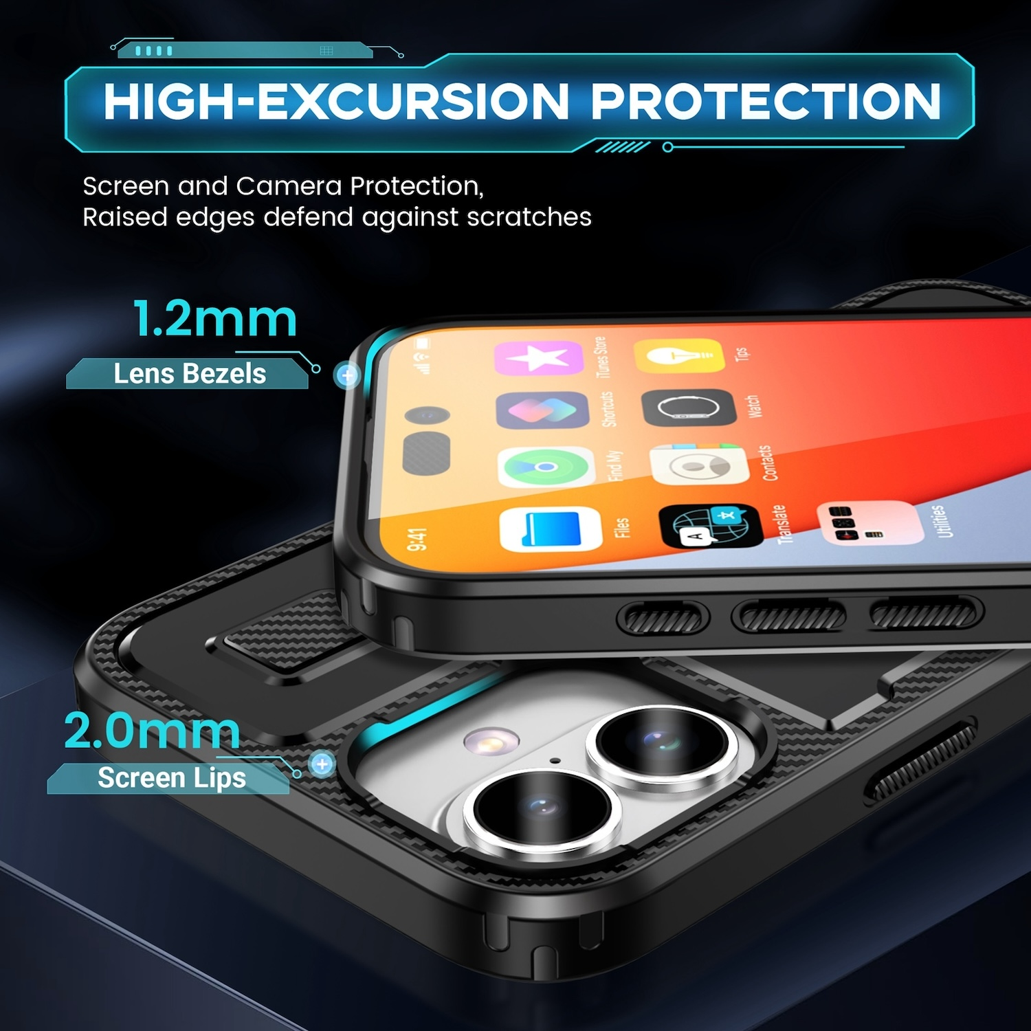 Funda de teléfono con protección de pantalla y cámara, negra con teléfono dentro.