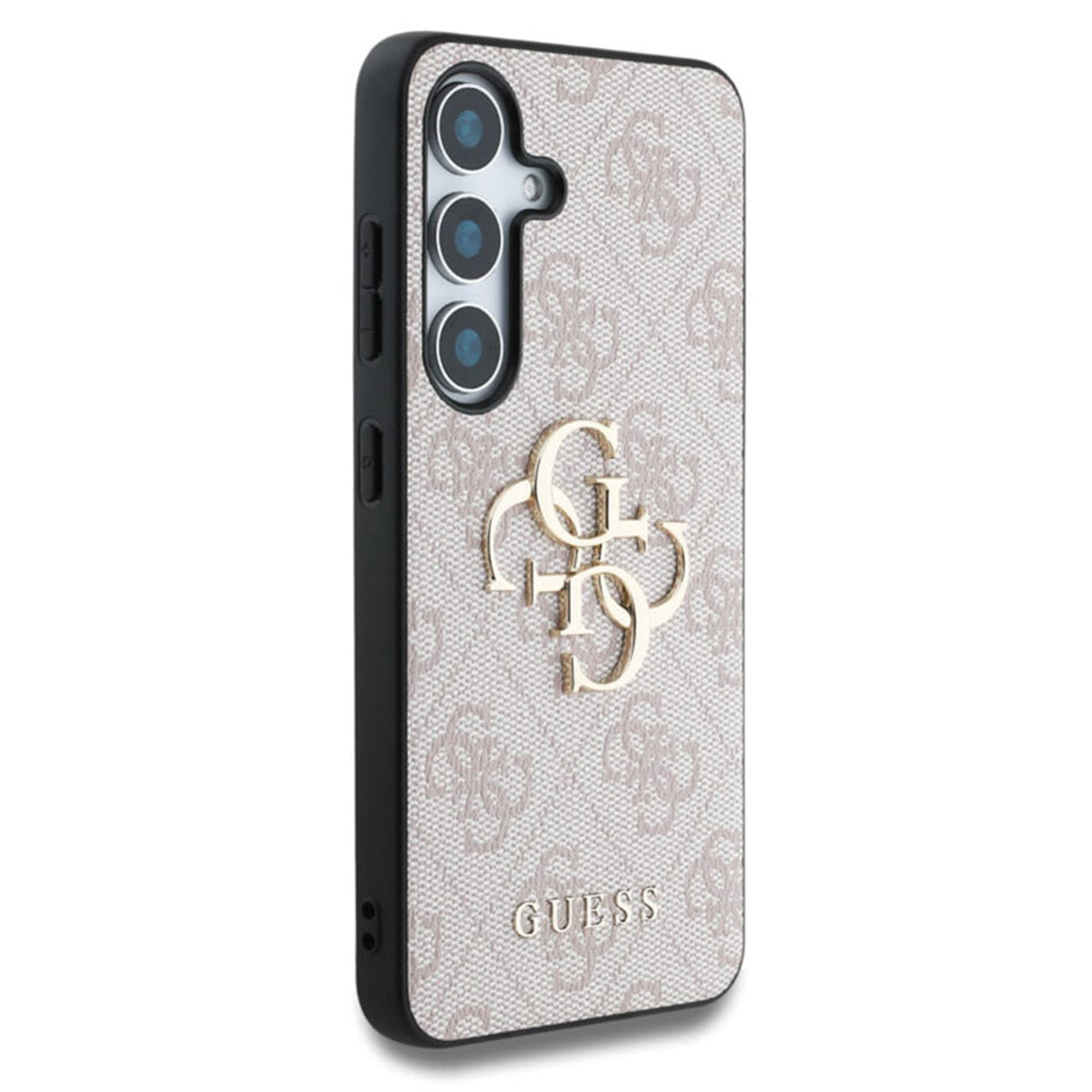 Custodia per telefono con design Guess beige, bordo nero e fori per la fotocamera.