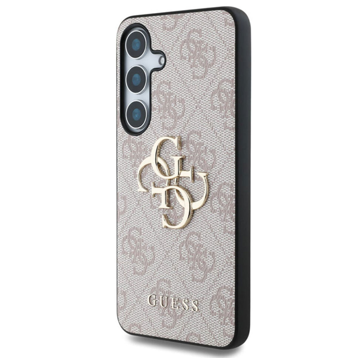 Custodia per telefono con logo Guess, motivo beige chiaro e cornice nera.