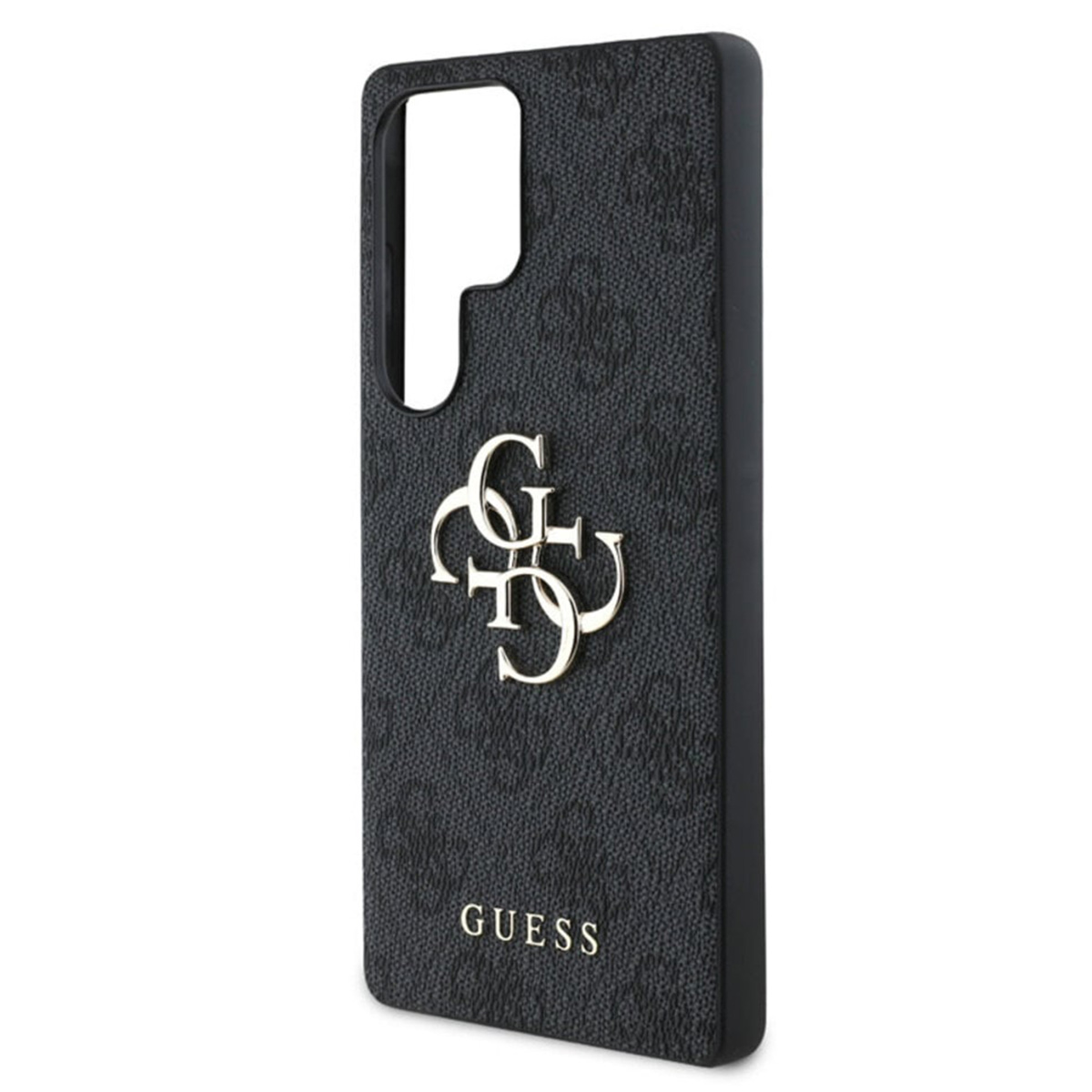 Custodia con motivo Guess. Tonalità grigio scuro. Logo Guess dorato. Vista laterale.