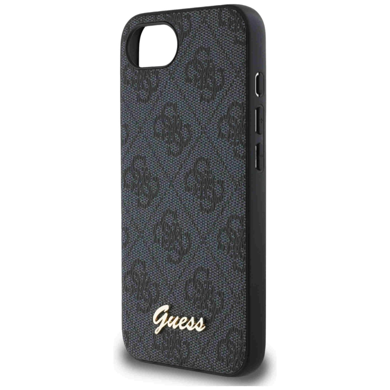 Custodia per telefono nera con logo e motivo Guess.