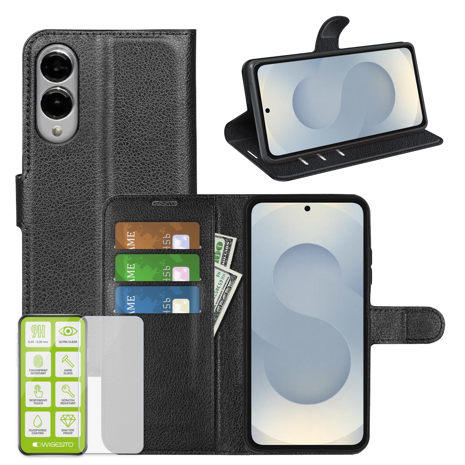 Schwarze Telefon-Geldbörsenhülle. Die Hülle hat ein Telefon, Karten und Geld im Inneren.